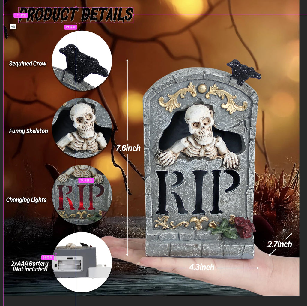 Halloween Skull Statue with Spooky LED Light for Holiday Decorations, Halloween Decor with Romantic Skeleton Couple on Swing Tombstone Tree, Grinning Skull Decor Props Haunted Collectible Gift - Halloween Happy