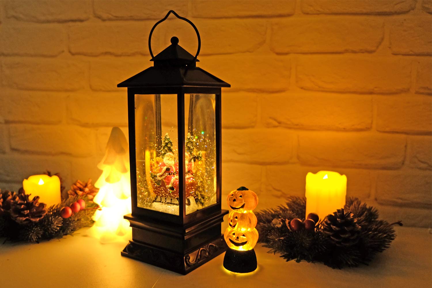 Eldnacele Halloween Ghost Projection Snow Globe Lantern with 6 - Hour Timer, Lighted Plug - in & Battery Operated Water Glittering Snowing Globe Lamp for Spooky Fall Halloween Indoor Decoration(Skeleton) - Halloween Happy