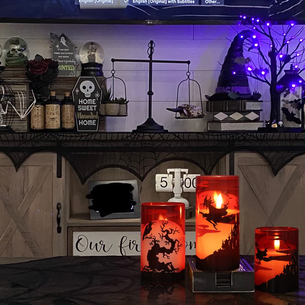 Eldnacele Halloween LED Flameless Flickering Candles Battery Operated with 6H Timer Skull Spider Web Crow Raven Spooky Decals Halloween Themed Indoor Decoration(3 Pack, D3 x H6) - Halloween Happy