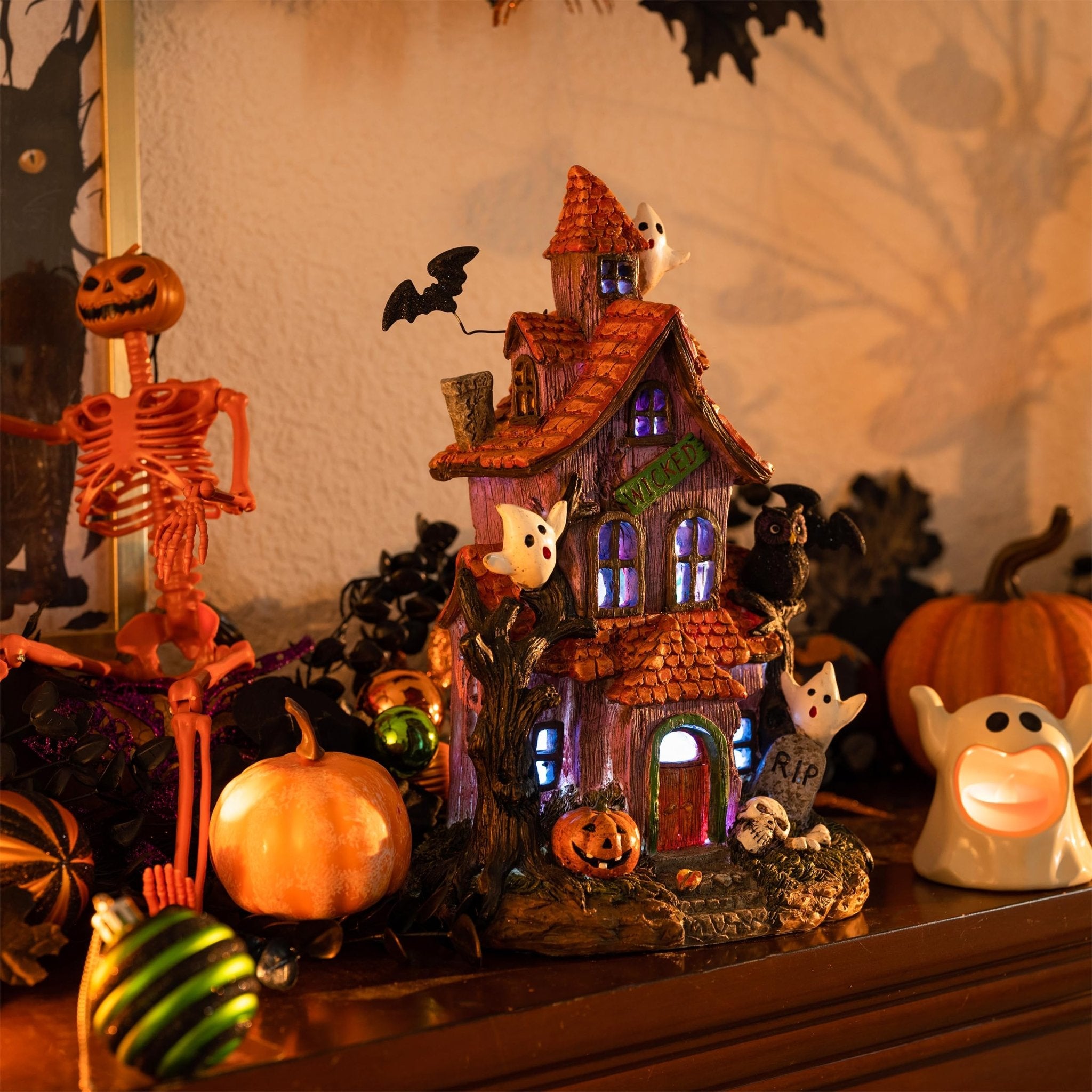 Valery Madelyn Halloween Decorations, Lighted Halloween Village Houses with LED Lights, Resin Spooky Town Happy Haunted House for Home and Party Table Desk Mantel, 9 Inch - Halloween Happy