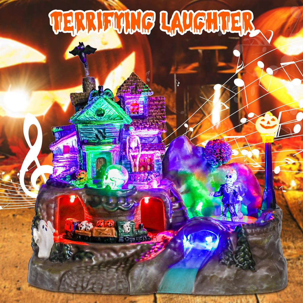 DREAM GARDEN Halloween Village Collection, Lighted Spooky Haunted House with Animated Train and Scary Sound Halloween Collectible Bulidings with Skull, Pumpkin, Ghost for Holiday Party Tabletop Decor - Halloween Happy