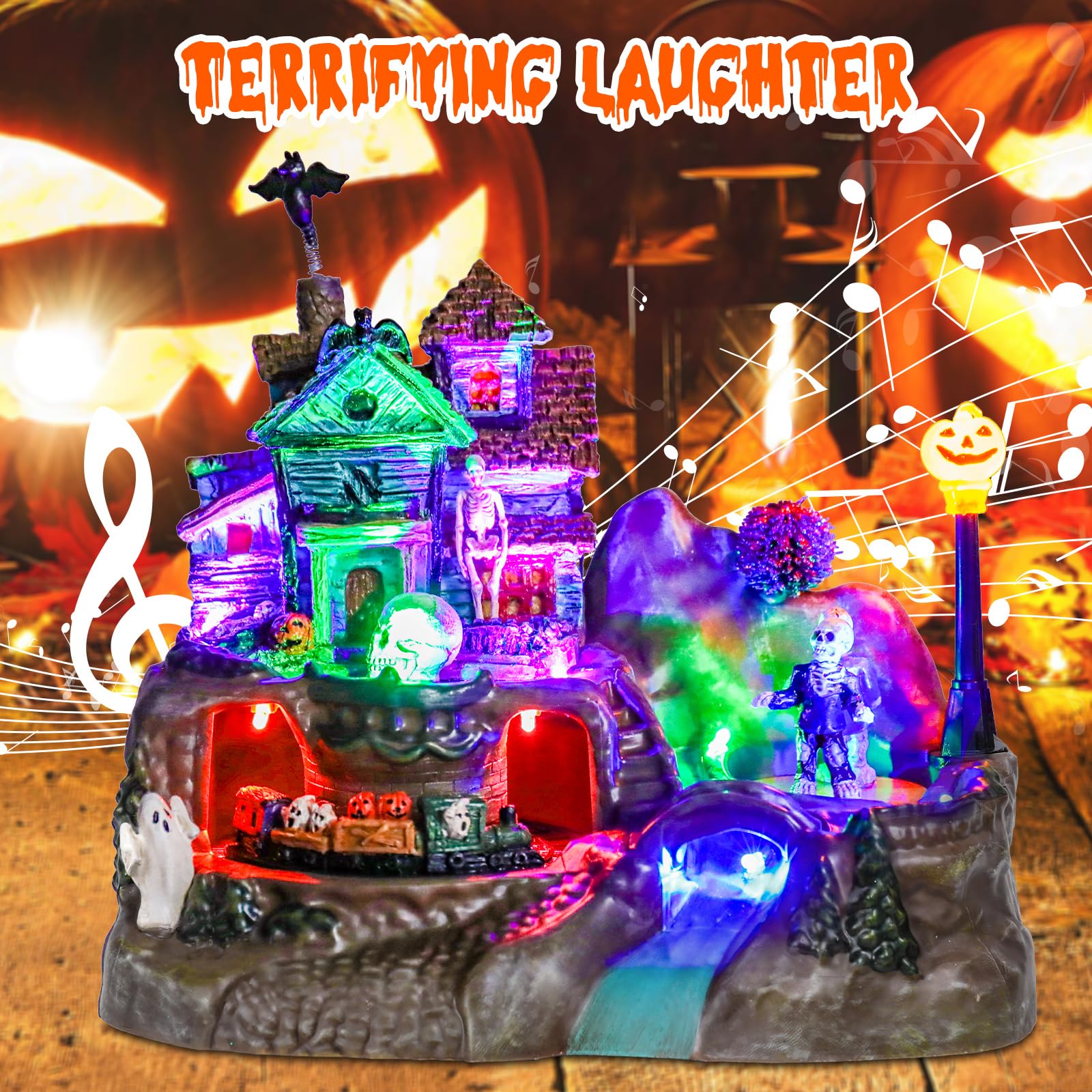 DREAM GARDEN Halloween Village Collection, Lighted Spooky Haunted House with Animated Train and Scary Sound Halloween Collectible Bulidings with Skull, Pumpkin, Ghost for Holiday Party Tabletop Decor - Halloween Happy