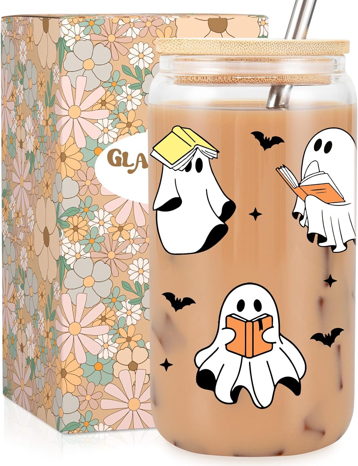 Fairy's Gift Ghost Reader Halloween Cup, Cute Spooky Gifts for Book Lovers, 16 oz Iced Coffee Tumbler Cup w/Lid Straw, Book Themed Bookworm Bookish Reading Halloween Gifts for Women Librarian Reader - Halloween Happy