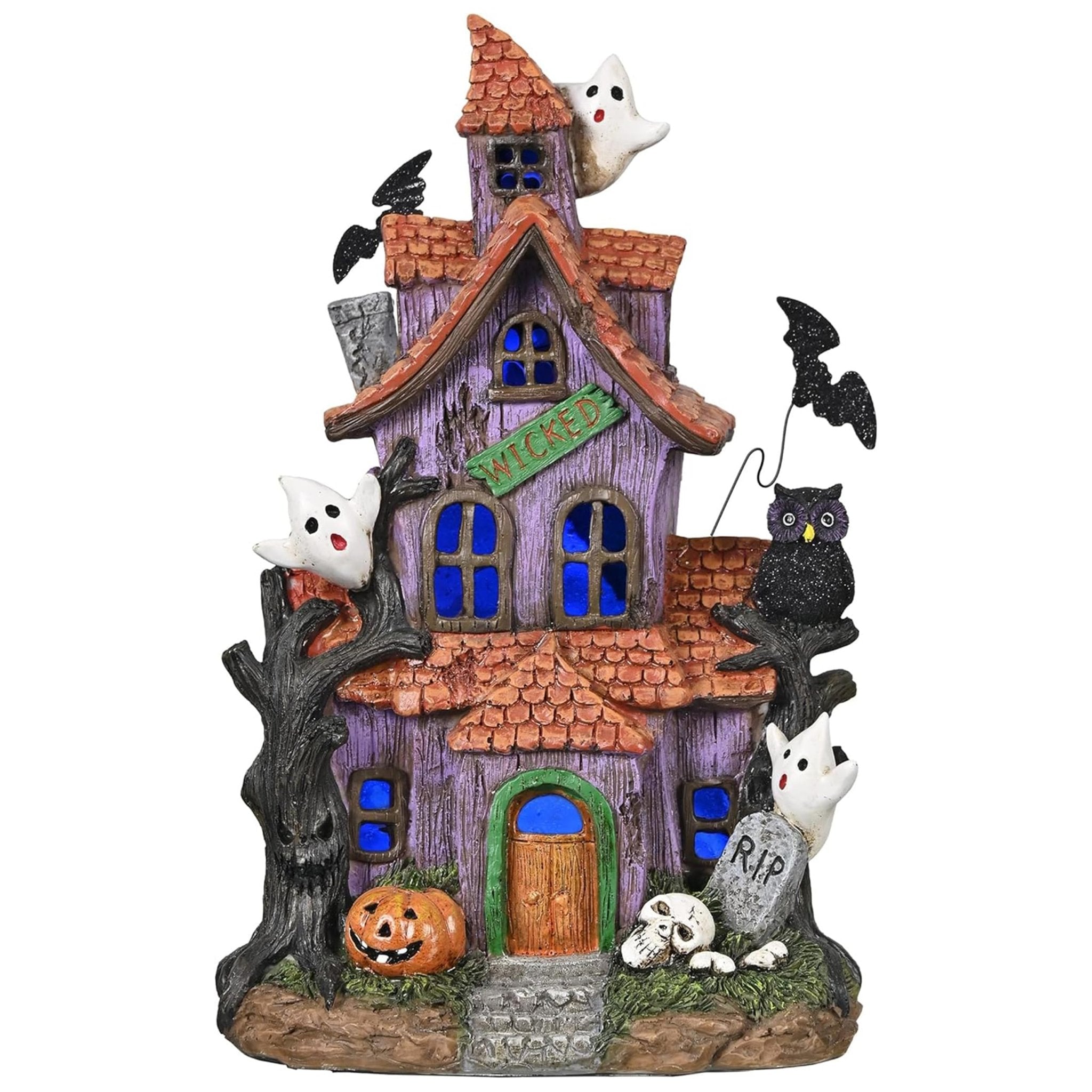 Valery Madelyn Halloween Decorations, Lighted Halloween Village Houses with LED Lights, Resin Spooky Town Happy Haunted House for Home and Party Table Desk Mantel, 9 Inch - Halloween Happy
