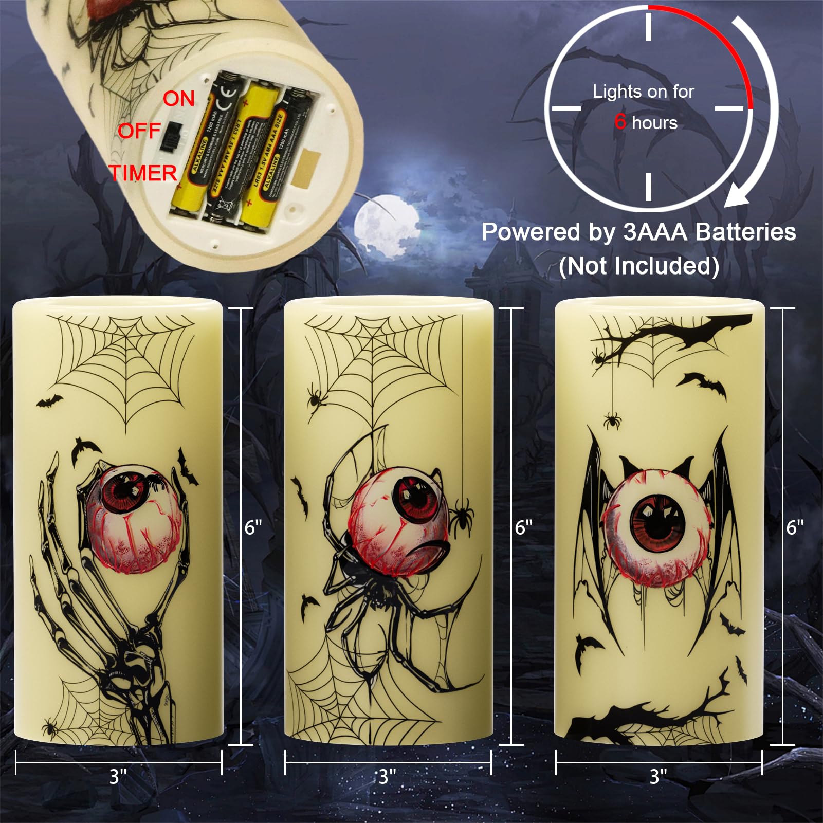 Eldnacele Halloween LED Flameless Flickering Candles Battery Operated with 6H Timer Skull Spider Web Crow Raven Spooky Decals Halloween Themed Indoor Decoration(3 Pack, D3 x H6) - Halloween Happy
