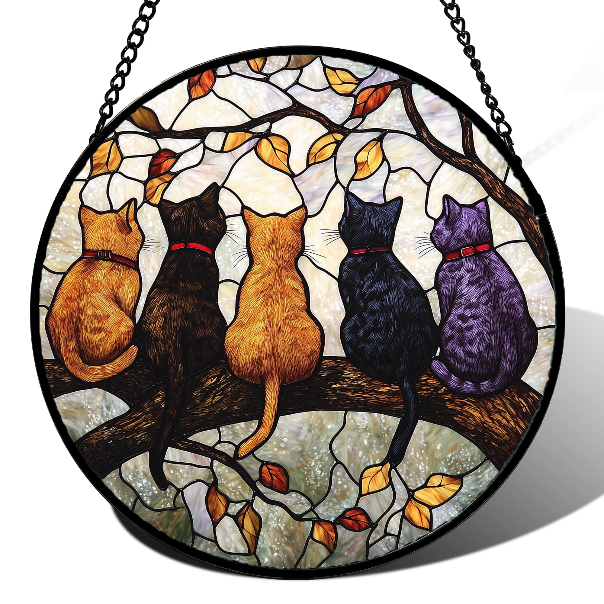 Stained Glass Window Hanging - Halloween Decoration Orange Pumpkin Vine Leaves Suncatcher for Door Garden Spooky Sun Catchers Gothic Decor Horror Gifts for Women Men Friend Boy Girl 6.3 in - Halloween Happy