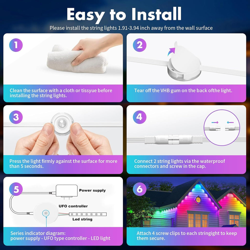 Permanent Outdoor Lights 150ft RGB+IC Outdoor String Lights App Control IP67 Waterproof,100 Scene Modes Home for Christmas,Halloween,Holiday, Daily,Birthday Decor - Halloween Happy