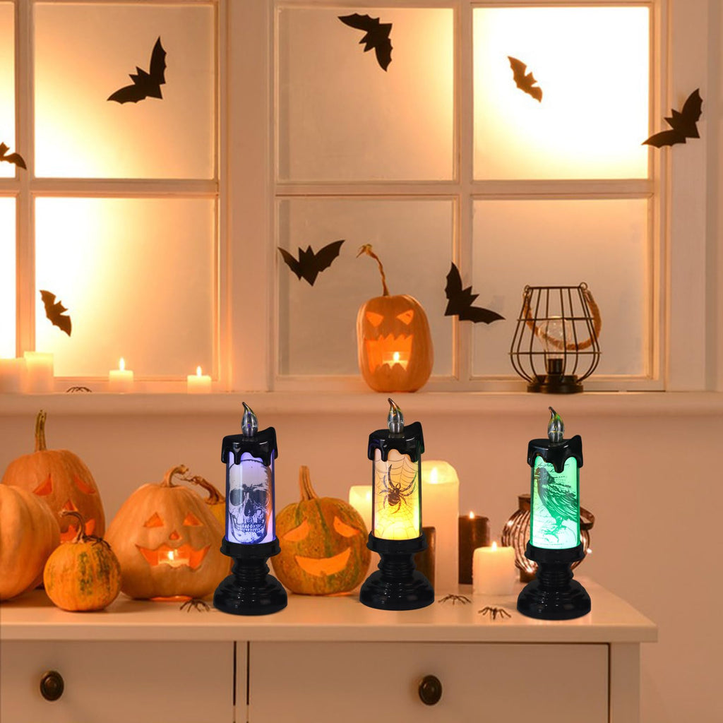 Eldnacele Halloween LED Flameless Flickering Candles Battery Operated with 6H Timer Skull Spider Web Crow Raven Spooky Decals Halloween Themed Indoor Decoration(3 Pack, D3 x H6) - Halloween Happy