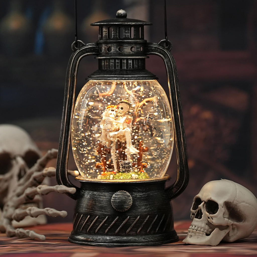 Halloween Snow Globe, Halloween Decorations Indoor Light Up Snow Globe Lantern with Music, 6H Timer, Love Never Dies Swirling Glitter Halloween Lantern for Halloween Home Decorations - Halloween Happy