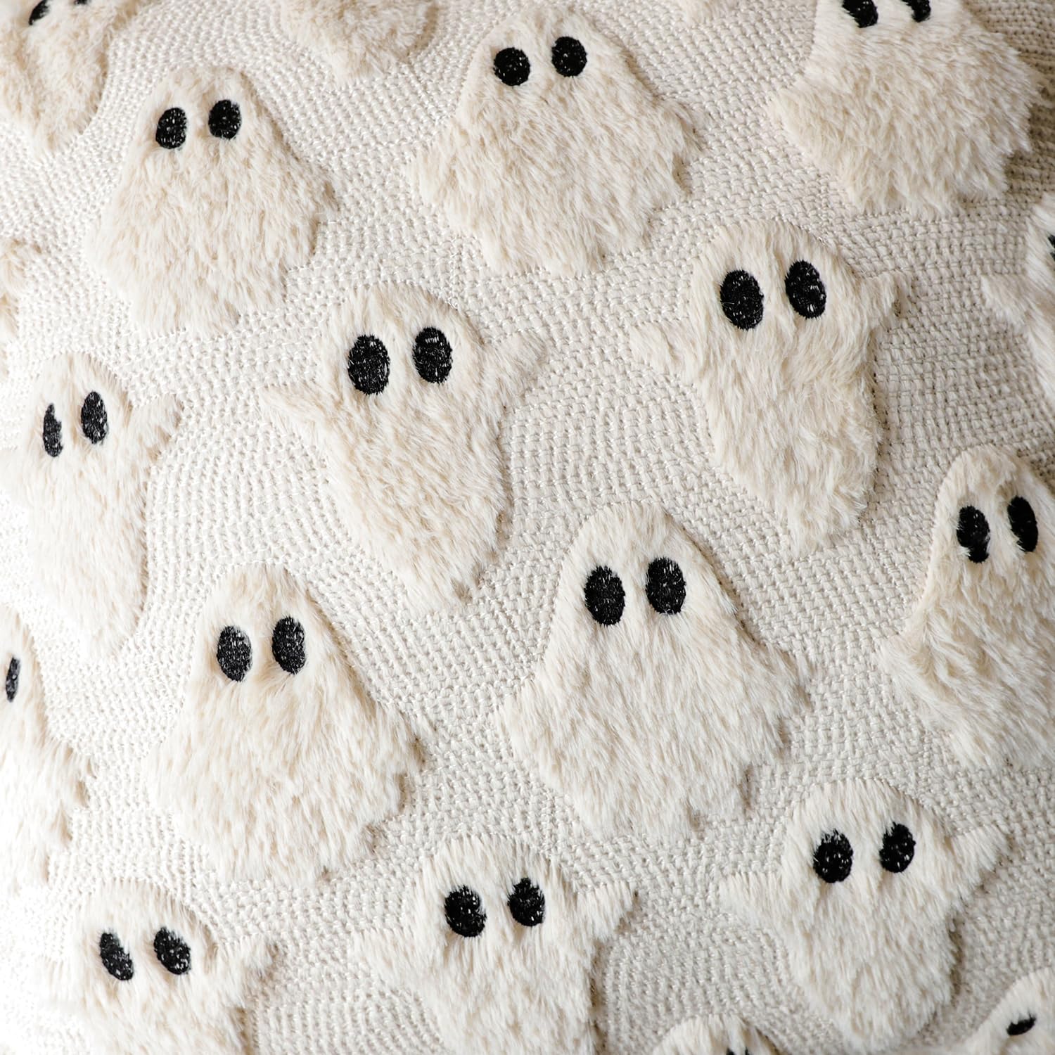 4TH Emotion Halloween Ghost Decorative Pillow Covers 18x18 Set of 2, White Soft Plush Faux Fur Farmhouse Throw Cushion Cases for Fall Autumn Holiday Home Decorations - Halloween Happy