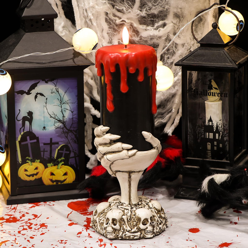 Eldnacele Halloween LED Flameless Flickering Candles Battery Operated with 6H Timer Skull Spider Web Crow Raven Spooky Decals Halloween Themed Indoor Decoration(3 Pack, D3 x H6) - Halloween Happy