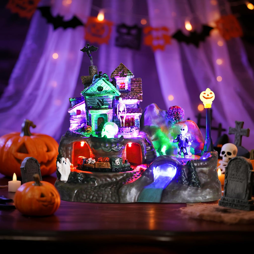 Halloween Village Houses Decorations, Lighted Haunted House with Animated Train and Scary Music, Resin Spooky Skull Village Collections for Holiday Party Table Indoor Home Decor - Halloween Happy