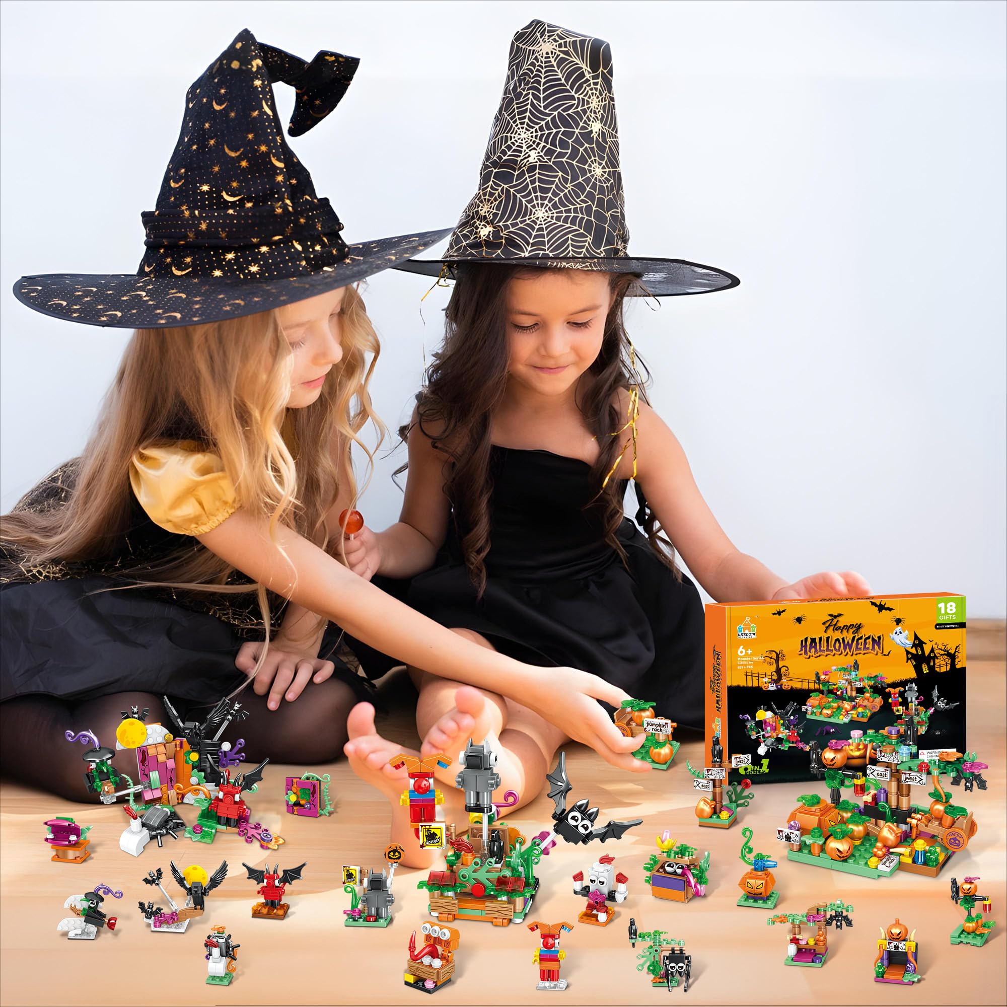 Halloween Building Set – Trick - or - Treat Toy for Kids, 6 - in - 1 Building Blocks with 18 Mini Packs, Pumpkin Patch, Ghost & Bat Scenes, Glow Tattoos, Pretend Play, Halloween Party Favors, Boys & Girls 6+ - Halloween Happy