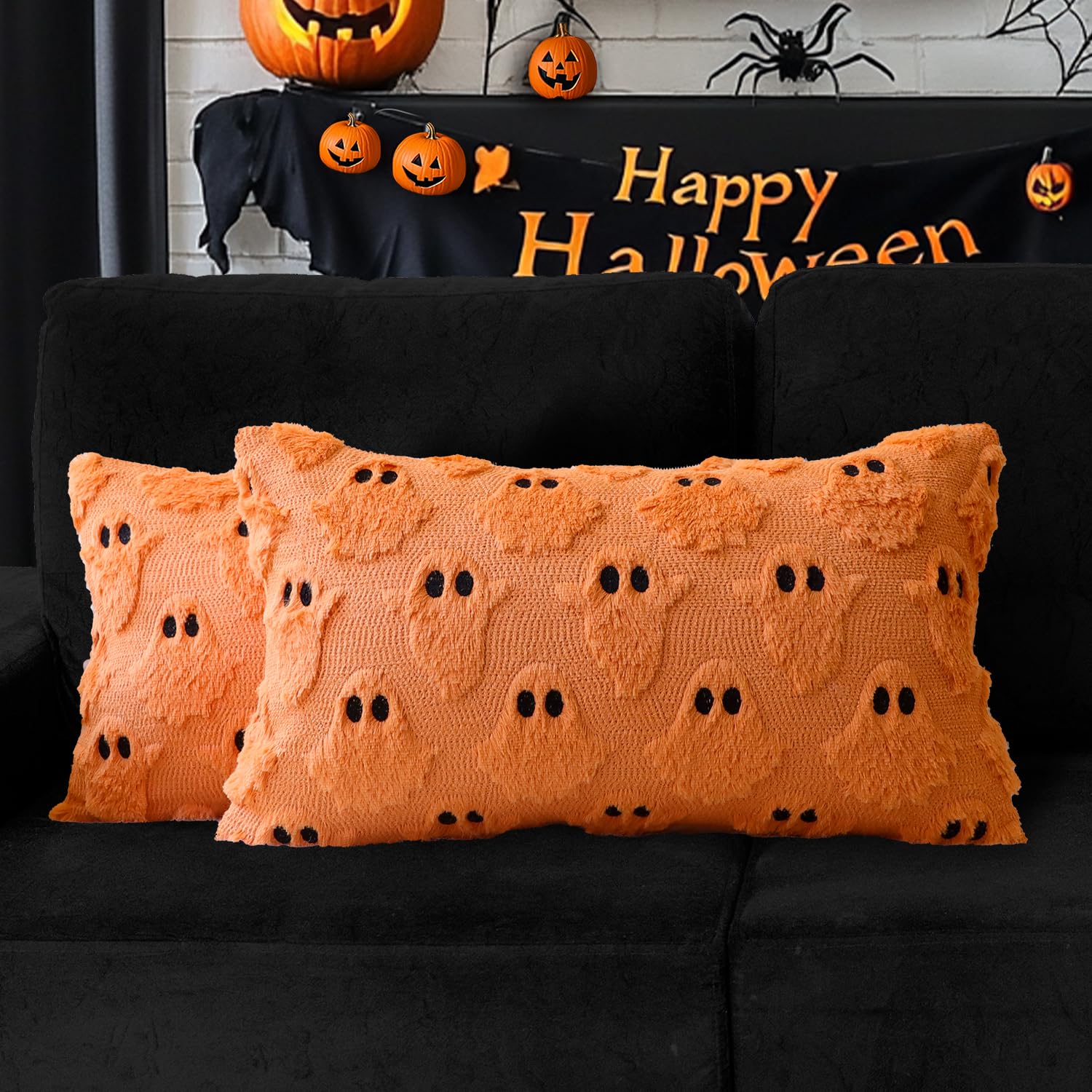 4TH Emotion Halloween Ghost Decorative Pillow Covers 18x18 Set of 2, White Soft Plush Faux Fur Farmhouse Throw Cushion Cases for Fall Autumn Holiday Home Decorations - Halloween Happy