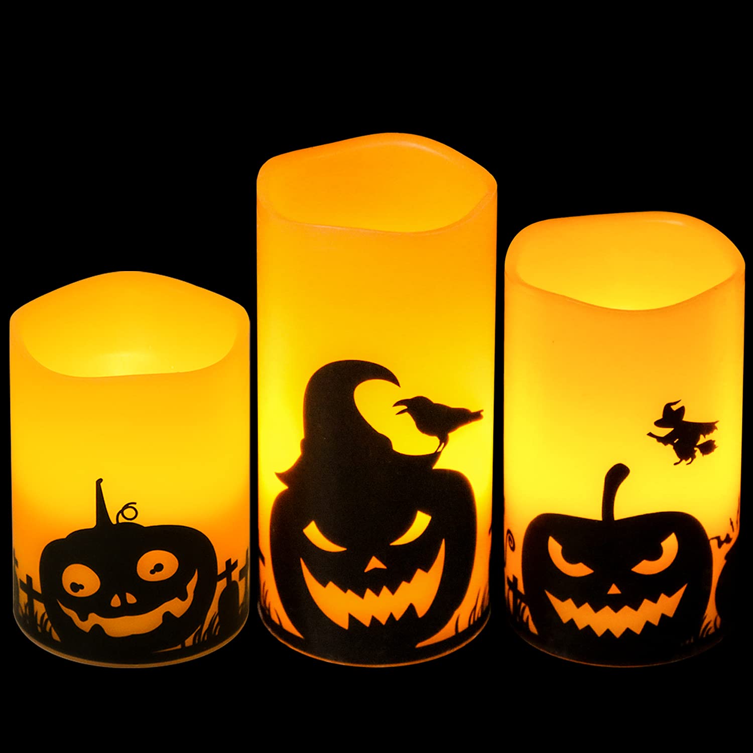 Eldnacele Halloween LED Flameless Flickering Candles Battery Operated with 6H Timer Skull Spider Web Crow Raven Spooky Decals Halloween Themed Indoor Decoration(3 Pack, D3 x H6) - Halloween Happy