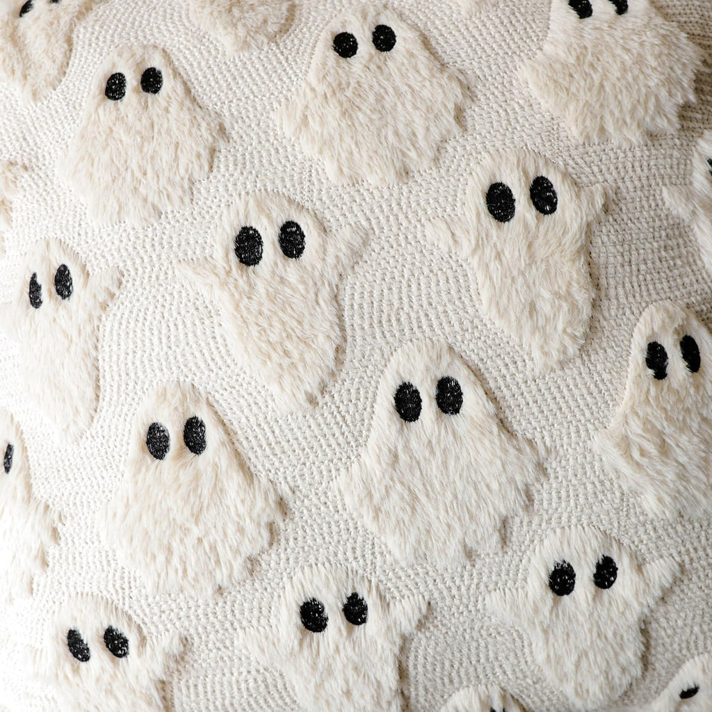 4TH Emotion Halloween Ghost Decorative Pillow Covers 18x18 Set of 2, White Soft Plush Faux Fur Farmhouse Throw Cushion Cases for Fall Autumn Holiday Home Decorations - Halloween Happy