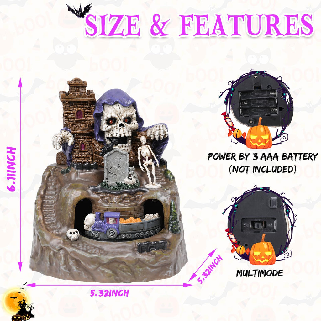 Halloween Village Houses Decorations, Lighted Haunted House with Animated Train and Scary Music, Resin Spooky Skull Village Collections for Holiday Party Table Indoor Home Decor - Halloween Happy