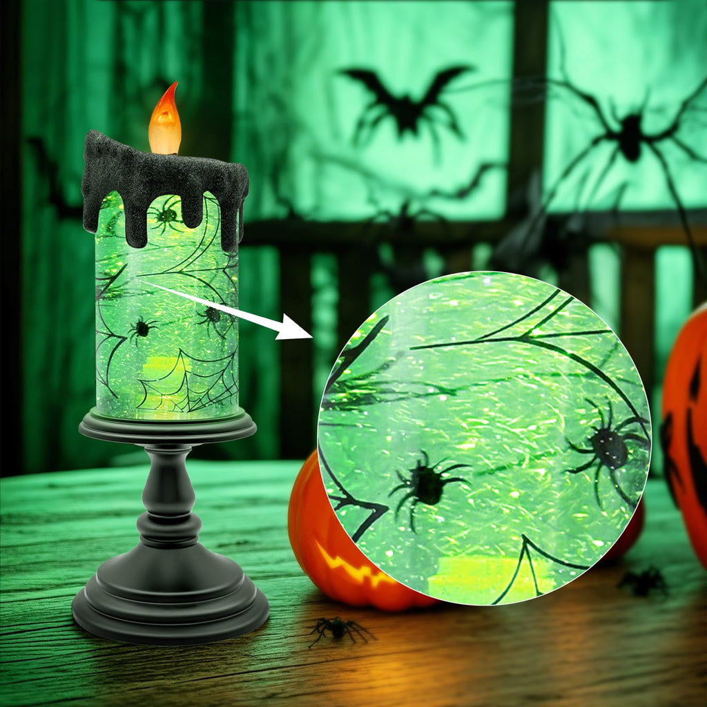Halloween Snow Globe Flameless Candle – Lighted Halloween Glitter Lantern with Spinning Water and Timer, Pumpkin & Bat Scene Halloween Decor for Home, Party, Table Centerpiece - Halloween Happy