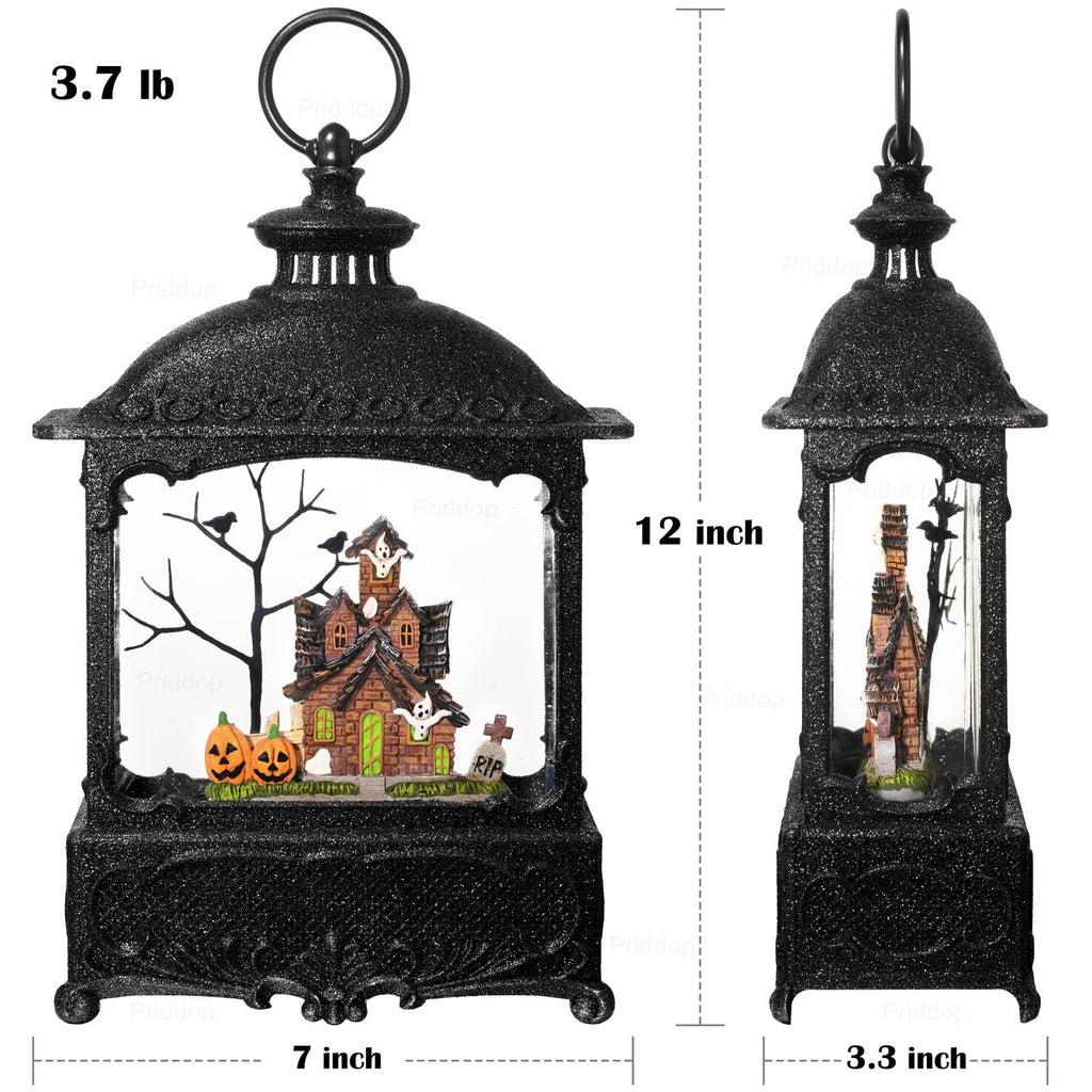 Halloween Snow Globe Lantern Haunted House Pumpkin Ghost Tree Crow Rip Dancing Bats with Timer, USB and Battery Powered 12 inch - Halloween Happy