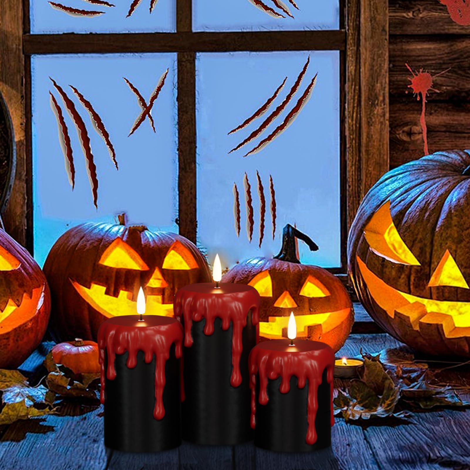 Eldnacele Halloween LED Flameless Flickering Candles Battery Operated with 6H Timer Skull Spider Web Crow Raven Spooky Decals Halloween Themed Indoor Decoration(3 Pack, D3 x H6) - Halloween Happy
