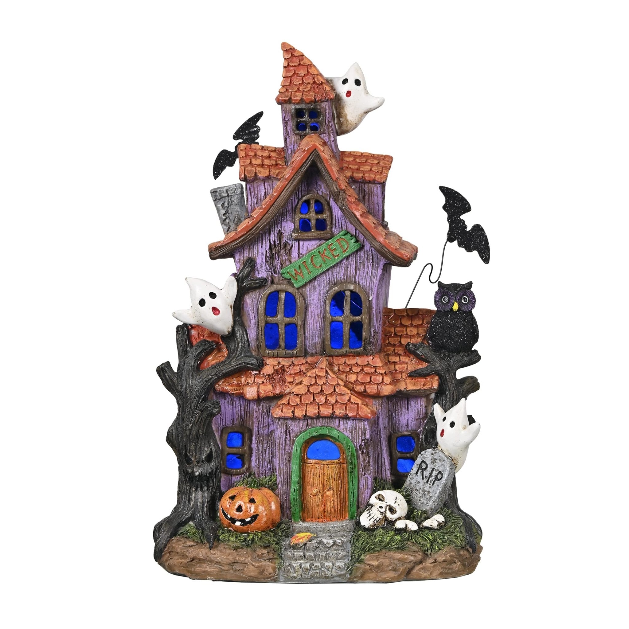 Valery Madelyn Halloween Decorations, Lighted Halloween Village Houses with LED Lights, Resin Spooky Town Happy Haunted House for Home and Party Table Desk Mantel, 9 Inch - Halloween Happy
