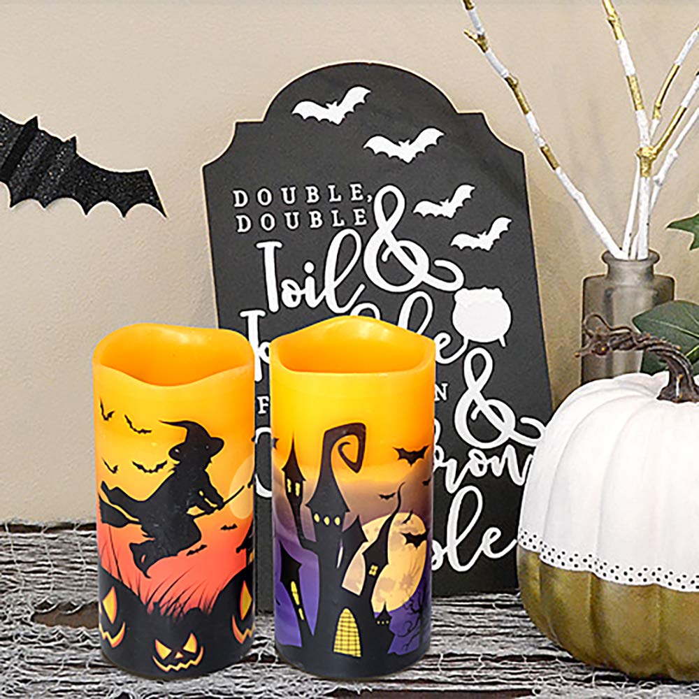 Eldnacele Halloween LED Flameless Flickering Candles Battery Operated with 6H Timer Skull Spider Web Crow Raven Spooky Decals Halloween Themed Indoor Decoration(3 Pack, D3 x H6) - Halloween Happy