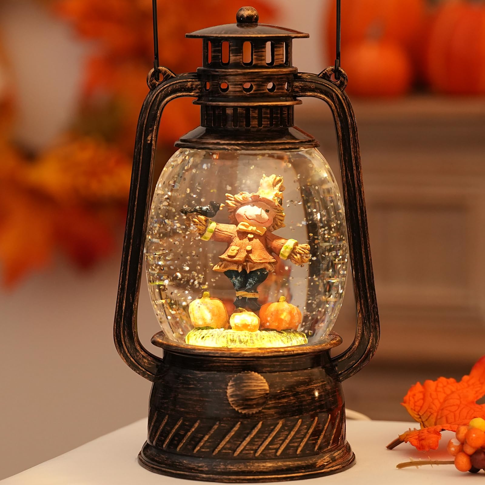 Halloween Snow Globe, Halloween Decorations Indoor Light Up Snow Globe Lantern with Music, 6H Timer, Love Never Dies Swirling Glitter Halloween Lantern for Halloween Home Decorations - Halloween Happy