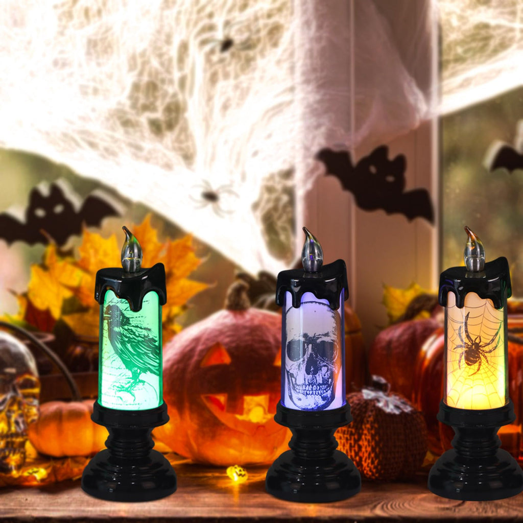 Eldnacele Halloween LED Flameless Flickering Candles Battery Operated with 6H Timer Skull Spider Web Crow Raven Spooky Decals Halloween Themed Indoor Decoration(3 Pack, D3 x H6) - Halloween Happy