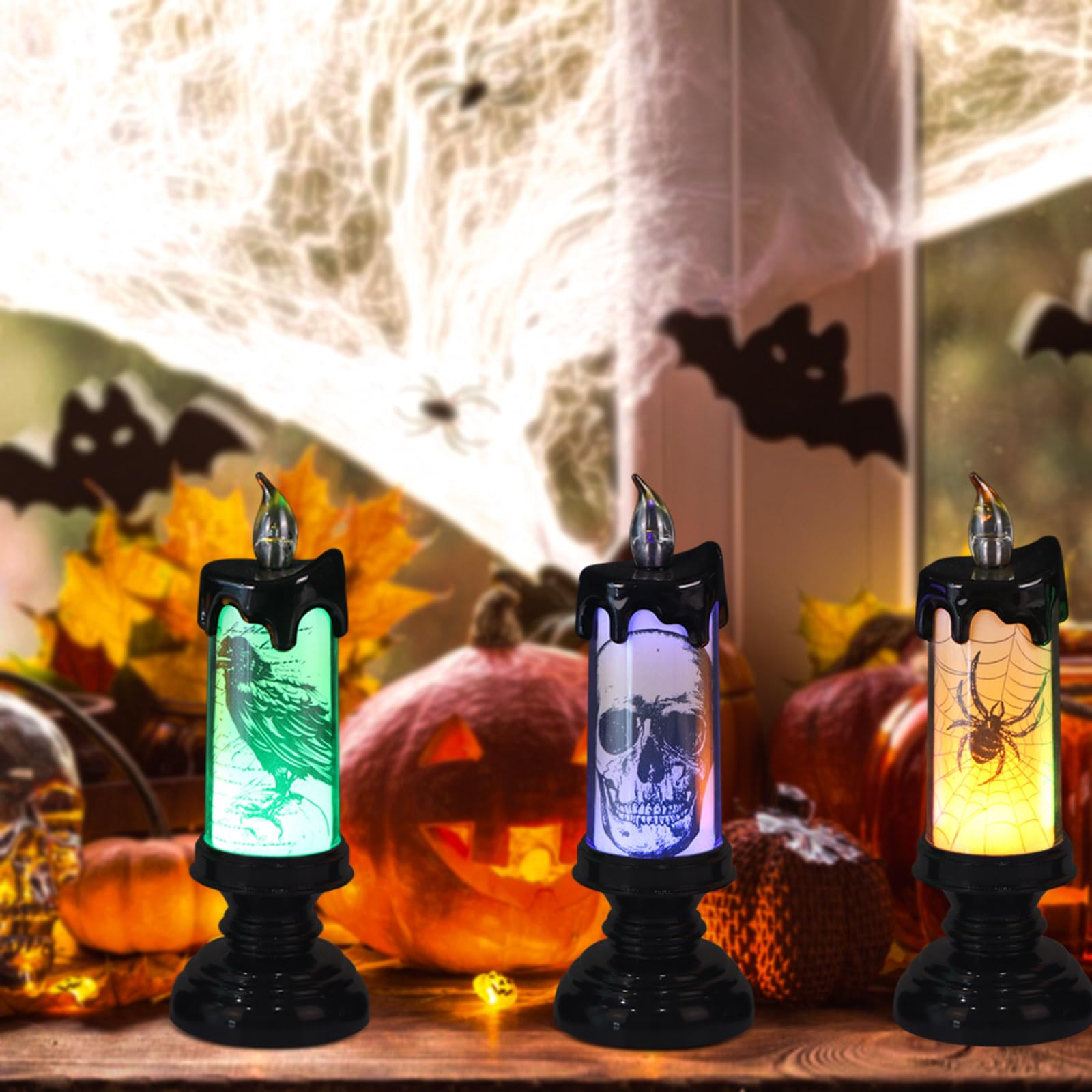 Eldnacele Halloween LED Flameless Flickering Candles Battery Operated with 6H Timer Skull Spider Web Crow Raven Spooky Decals Halloween Themed Indoor Decoration(3 Pack, D3 x H6) - Halloween Happy