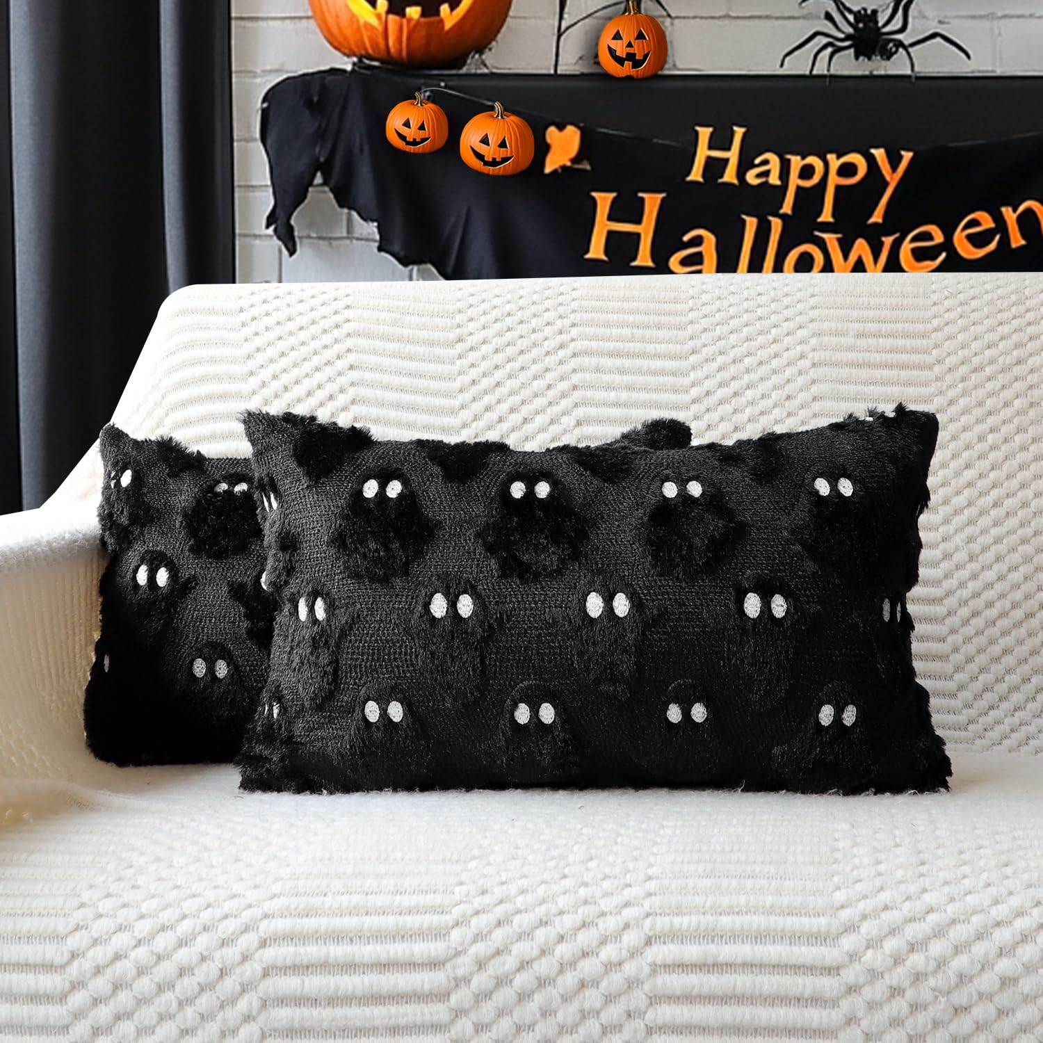 4TH Emotion Halloween Ghost Decorative Pillow Covers 18x18 Set of 2, White Soft Plush Faux Fur Farmhouse Throw Cushion Cases for Fall Autumn Holiday Home Decorations - Halloween Happy