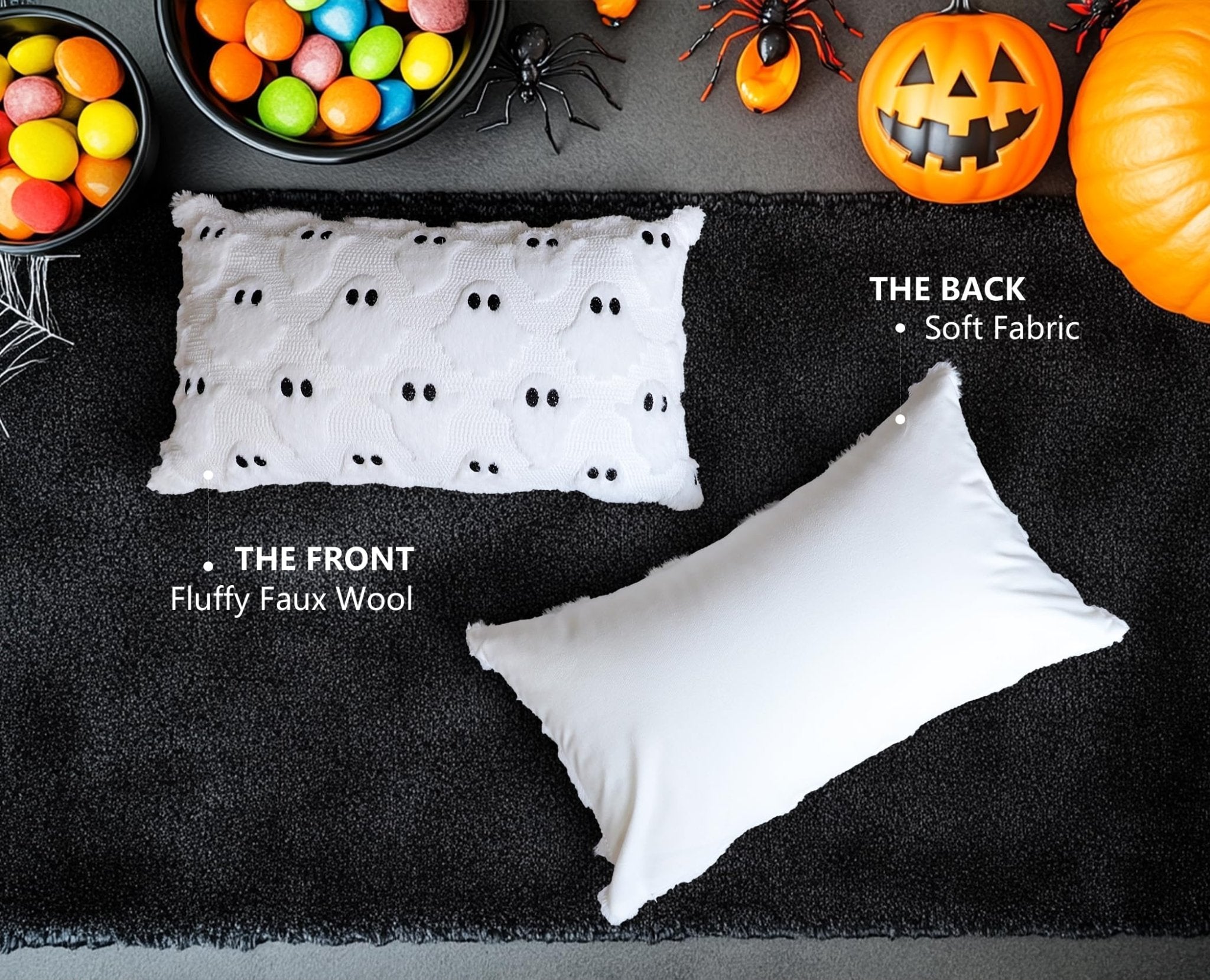 4TH Emotion Halloween Ghost Decorative Pillow Covers 18x18 Set of 2, White Soft Plush Faux Fur Farmhouse Throw Cushion Cases for Fall Autumn Holiday Home Decorations - Halloween Happy