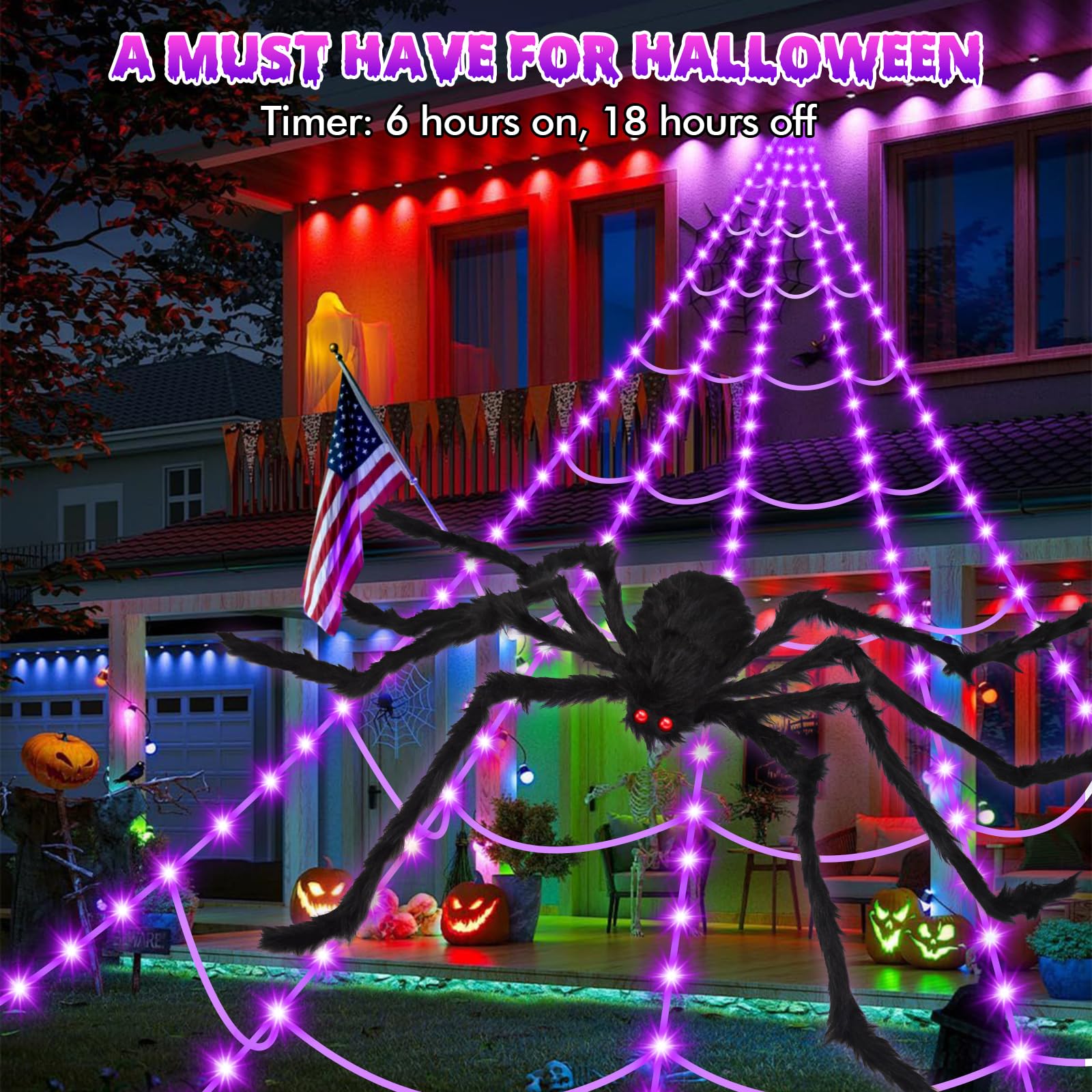 200" Halloween Spider Web + 59" Giant Spider Decorations Fake Spiders with Triangular Huge Spiders Web for Indoor Outdoor Halloween Decorations Yard Home Costumes Parties Haunted House Décor - Halloween Happy