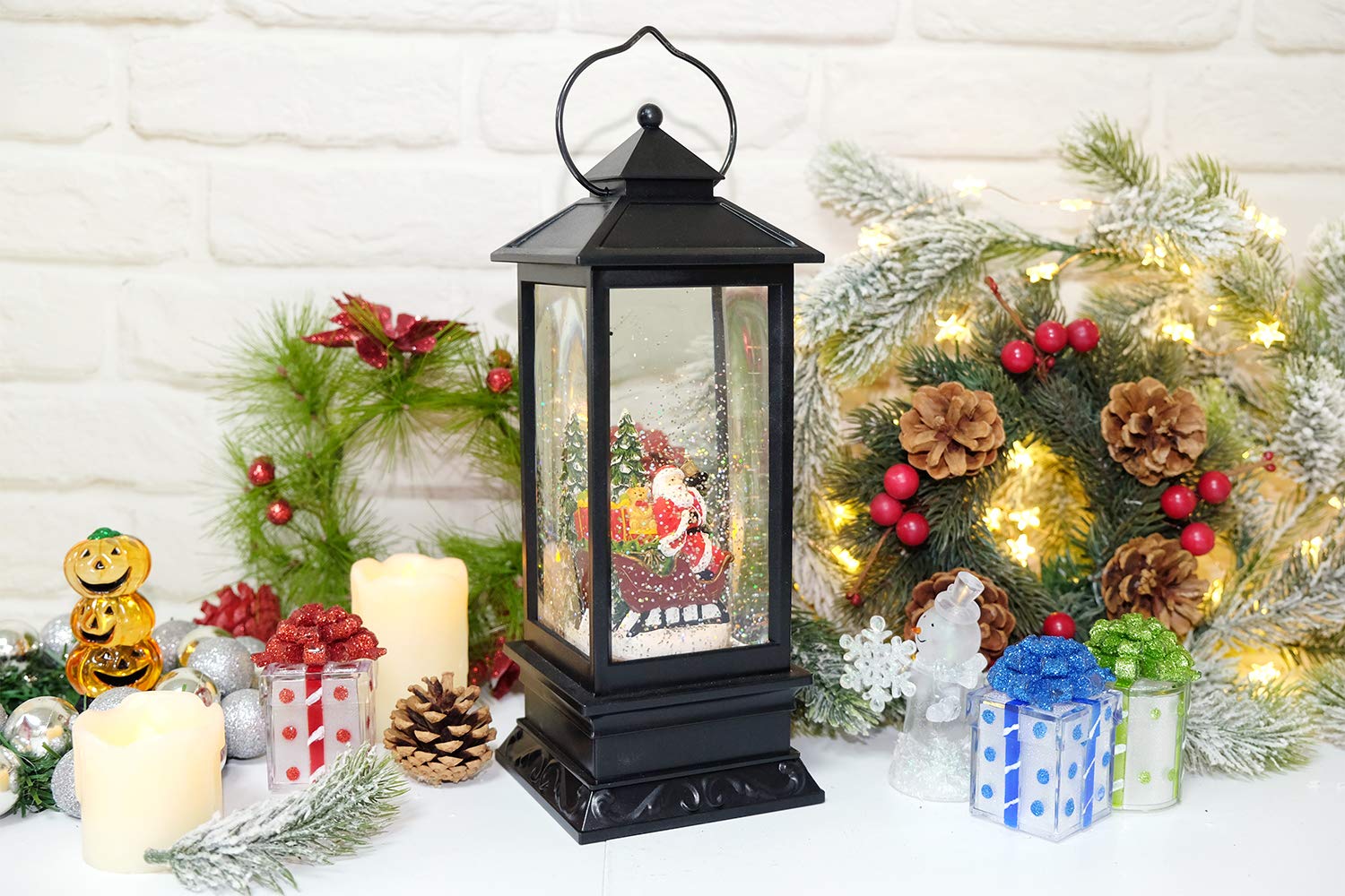 Eldnacele Halloween Ghost Projection Snow Globe Lantern with 6 - Hour Timer, Lighted Plug - in & Battery Operated Water Glittering Snowing Globe Lamp for Spooky Fall Halloween Indoor Decoration(Skeleton) - Halloween Happy