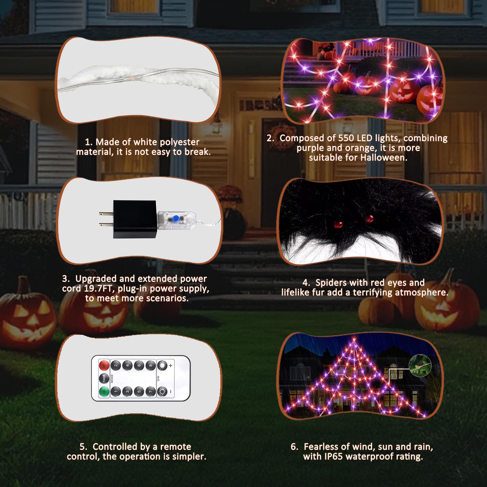 Halloween Spider Web Lights 550 LED Lighted Spider Web 16.4Ft Giant Halloween Decorations Light up with 8 Lighting Modes Waterproof & Timer for Indoor Outdoor House Haunted Yard Decor, Purple & Orange - Halloween Happy