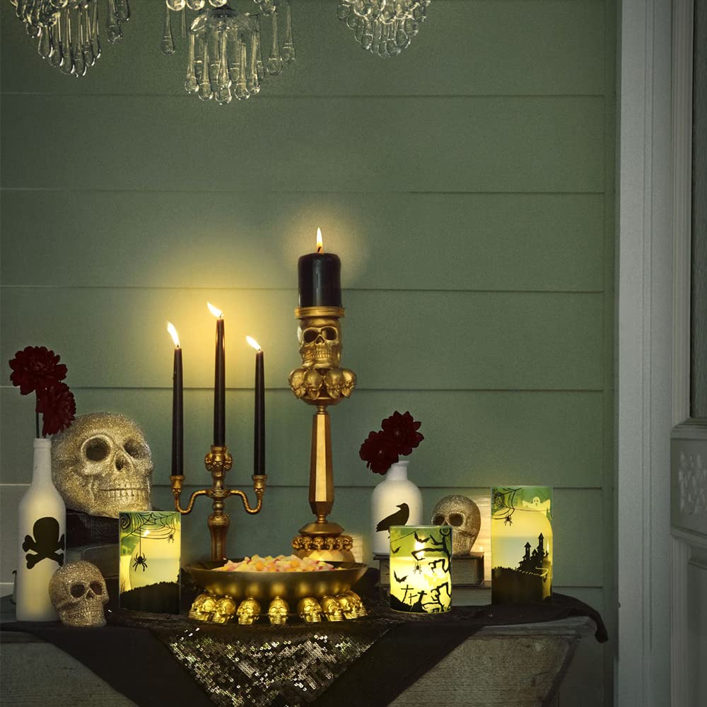 Eldnacele Halloween LED Flameless Flickering Candles Battery Operated with 6H Timer Skull Spider Web Crow Raven Spooky Decals Halloween Themed Indoor Decoration(3 Pack, D3 x H6) - Halloween Happy
