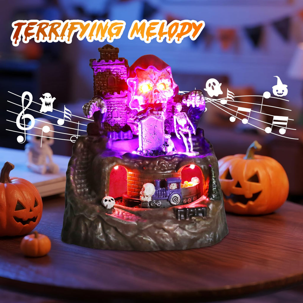 Halloween Village Houses Decorations, Lighted Haunted House with Animated Train and Scary Music, Resin Spooky Skull Village Collections for Holiday Party Table Indoor Home Decor - Halloween Happy