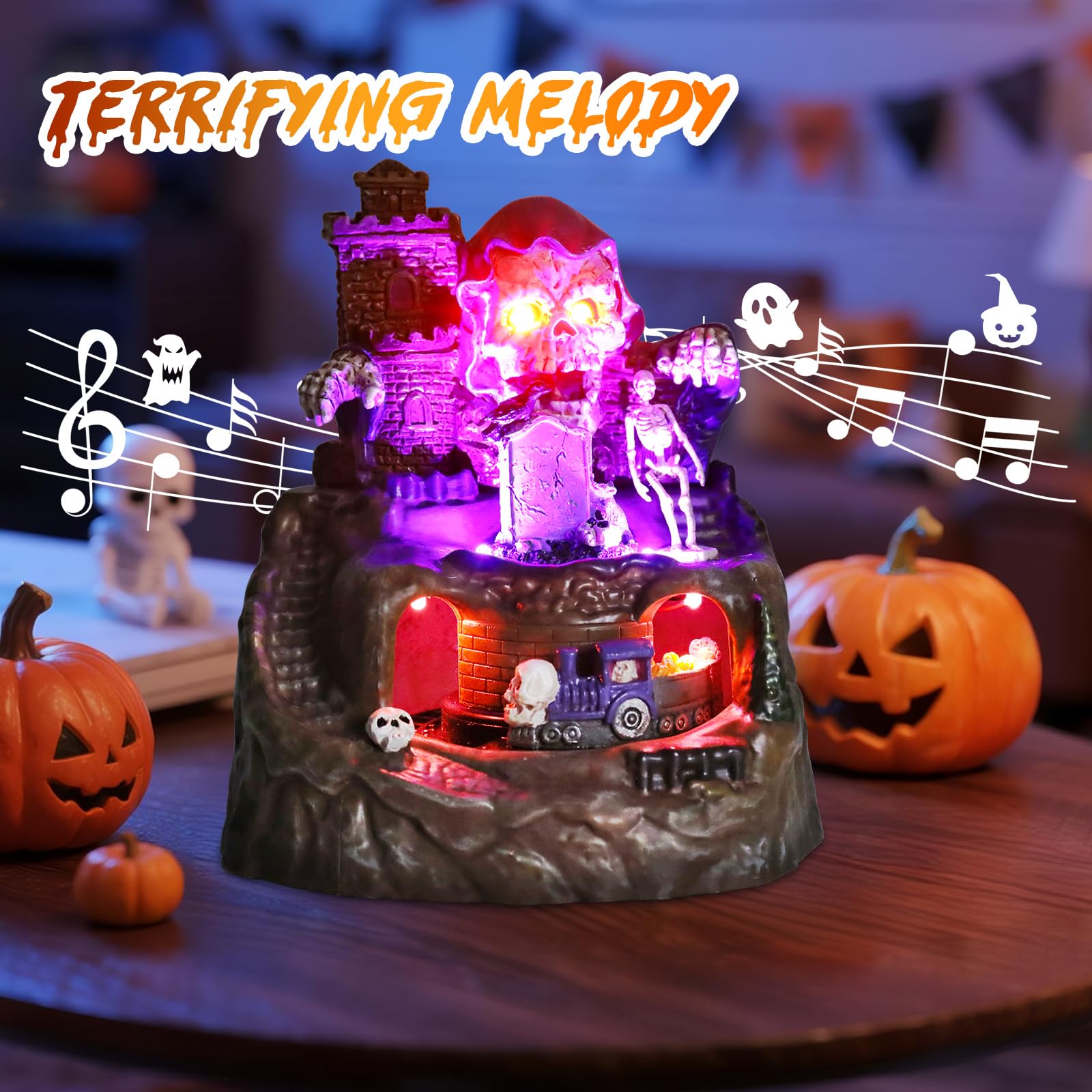 Halloween Village Houses Decorations, Lighted Haunted House with Animated Train and Scary Music, Resin Spooky Skull Village Collections for Holiday Party Table Indoor Home Decor - Halloween Happy