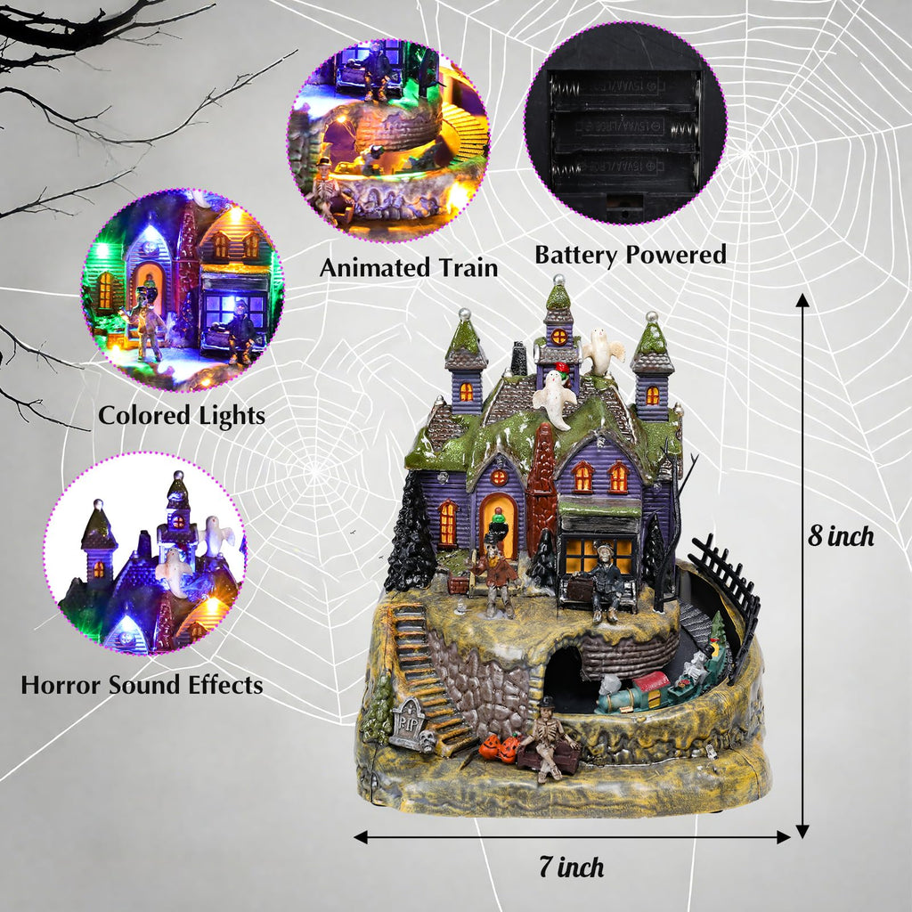 DREAM GARDEN Halloween Village Collection, Lighted Spooky Haunted House with Animated Train and Scary Sound Halloween Collectible Bulidings with Skull, Pumpkin, Ghost for Holiday Party Tabletop Decor - Halloween Happy