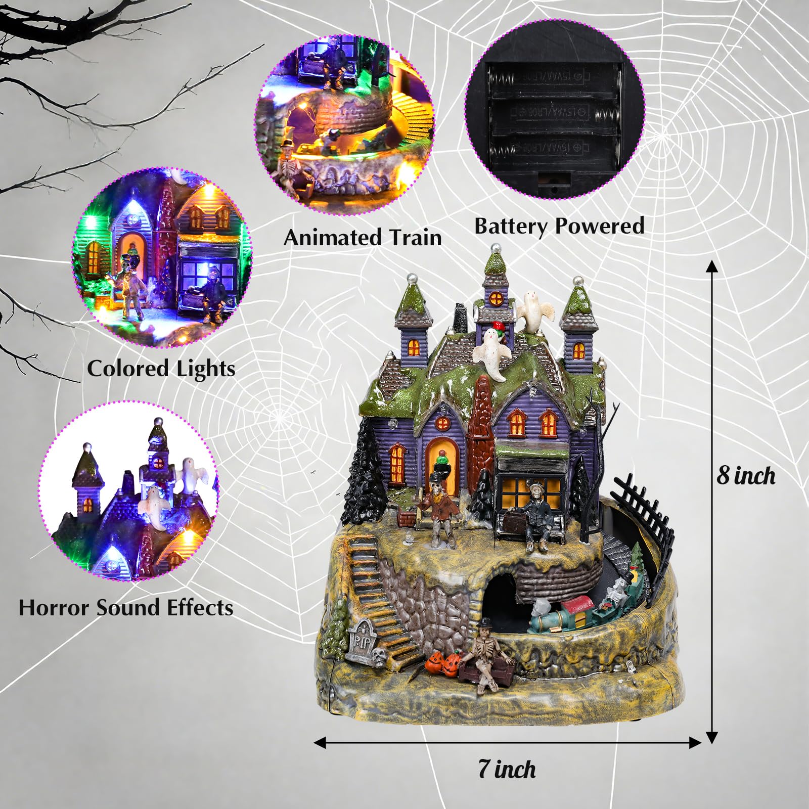 DREAM GARDEN Halloween Village Collection, Lighted Spooky Haunted House with Animated Train and Scary Sound Halloween Collectible Bulidings with Skull, Pumpkin, Ghost for Holiday Party Tabletop Decor - Halloween Happy