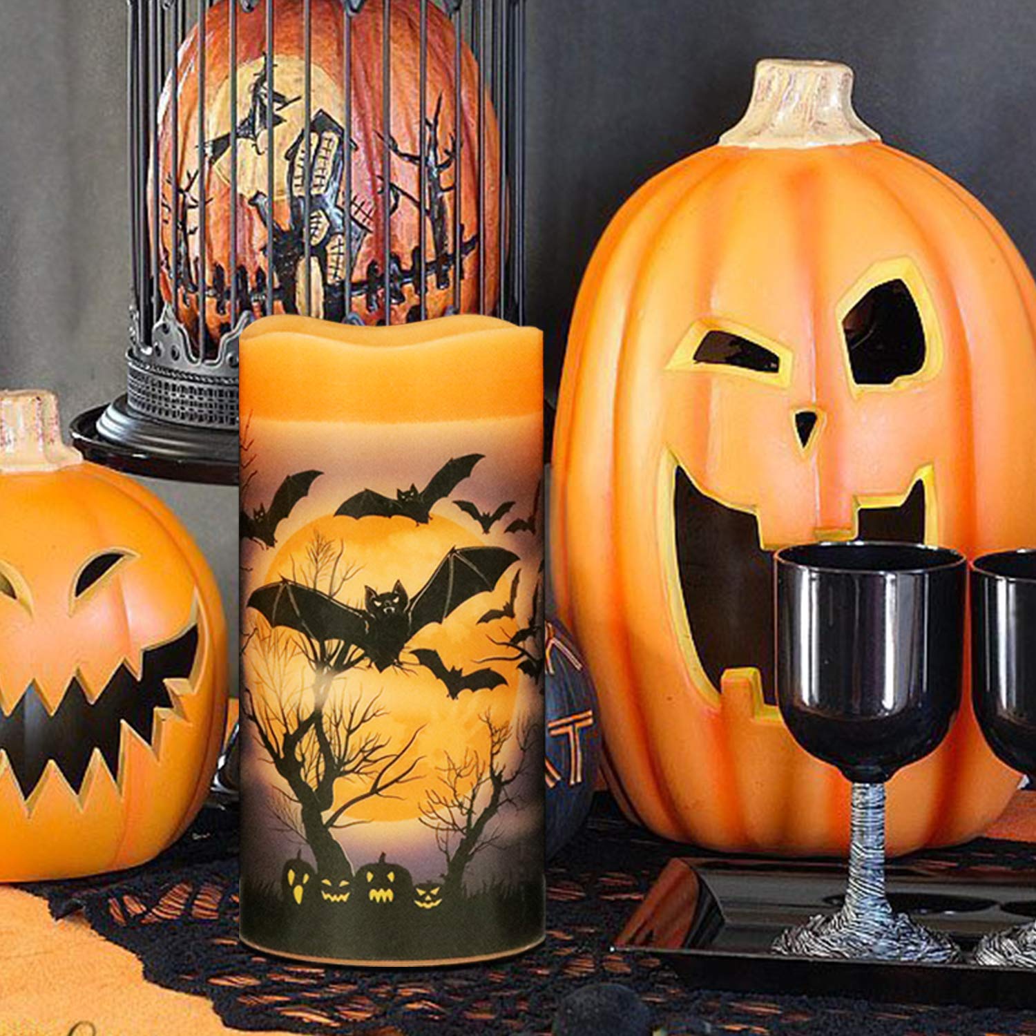 Eldnacele Halloween LED Flameless Flickering Candles Battery Operated with 6H Timer Skull Spider Web Crow Raven Spooky Decals Halloween Themed Indoor Decoration(3 Pack, D3 x H6) - Halloween Happy