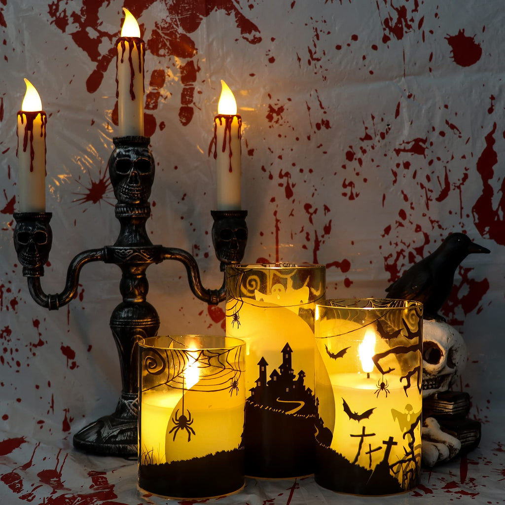 Eldnacele Halloween LED Flameless Flickering Candles Battery Operated with 6H Timer Skull Spider Web Crow Raven Spooky Decals Halloween Themed Indoor Decoration(3 Pack, D3 x H6) - Halloween Happy