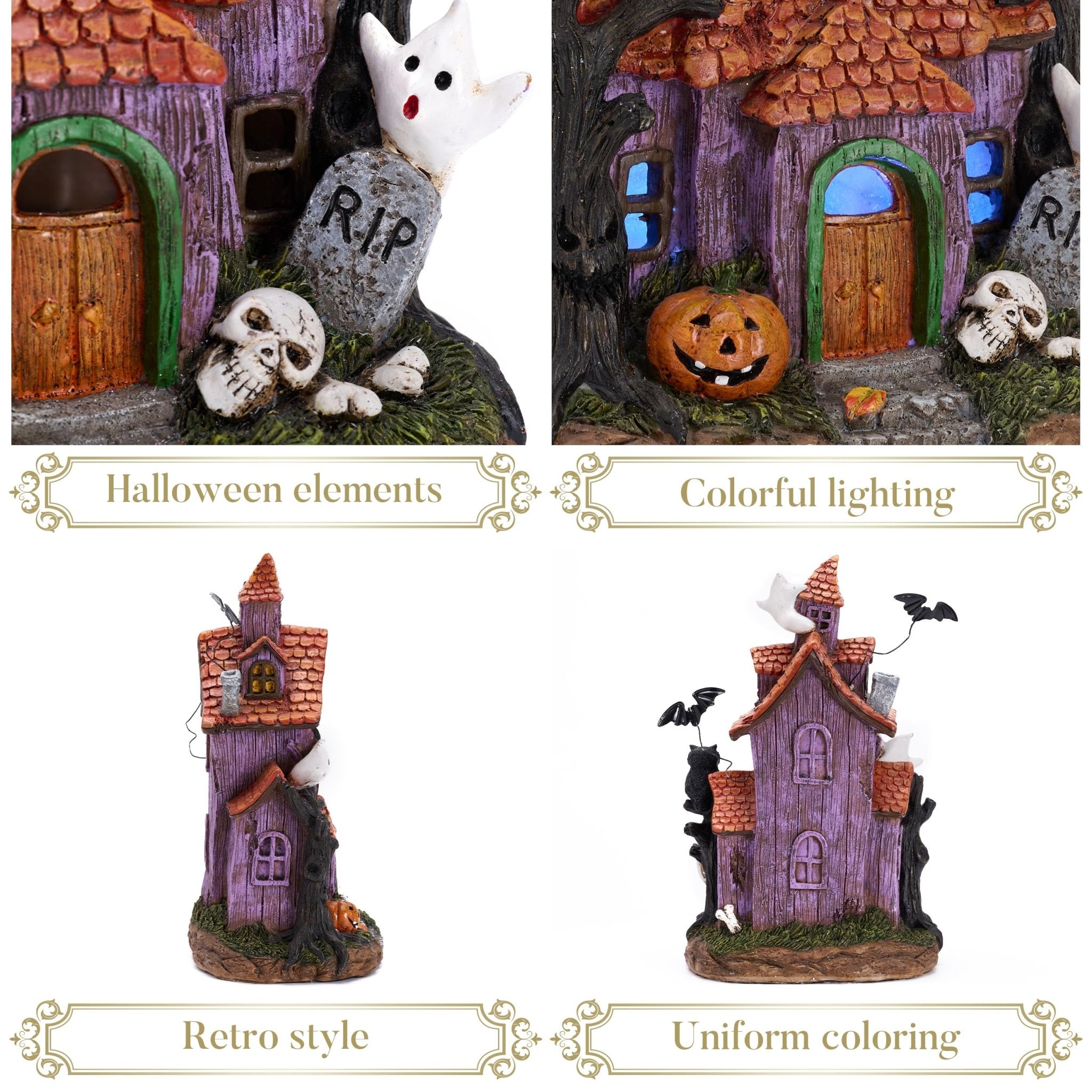 Valery Madelyn Halloween Decorations, Lighted Halloween Village Houses with LED Lights, Resin Spooky Town Happy Haunted House for Home and Party Table Desk Mantel, 9 Inch - Halloween Happy