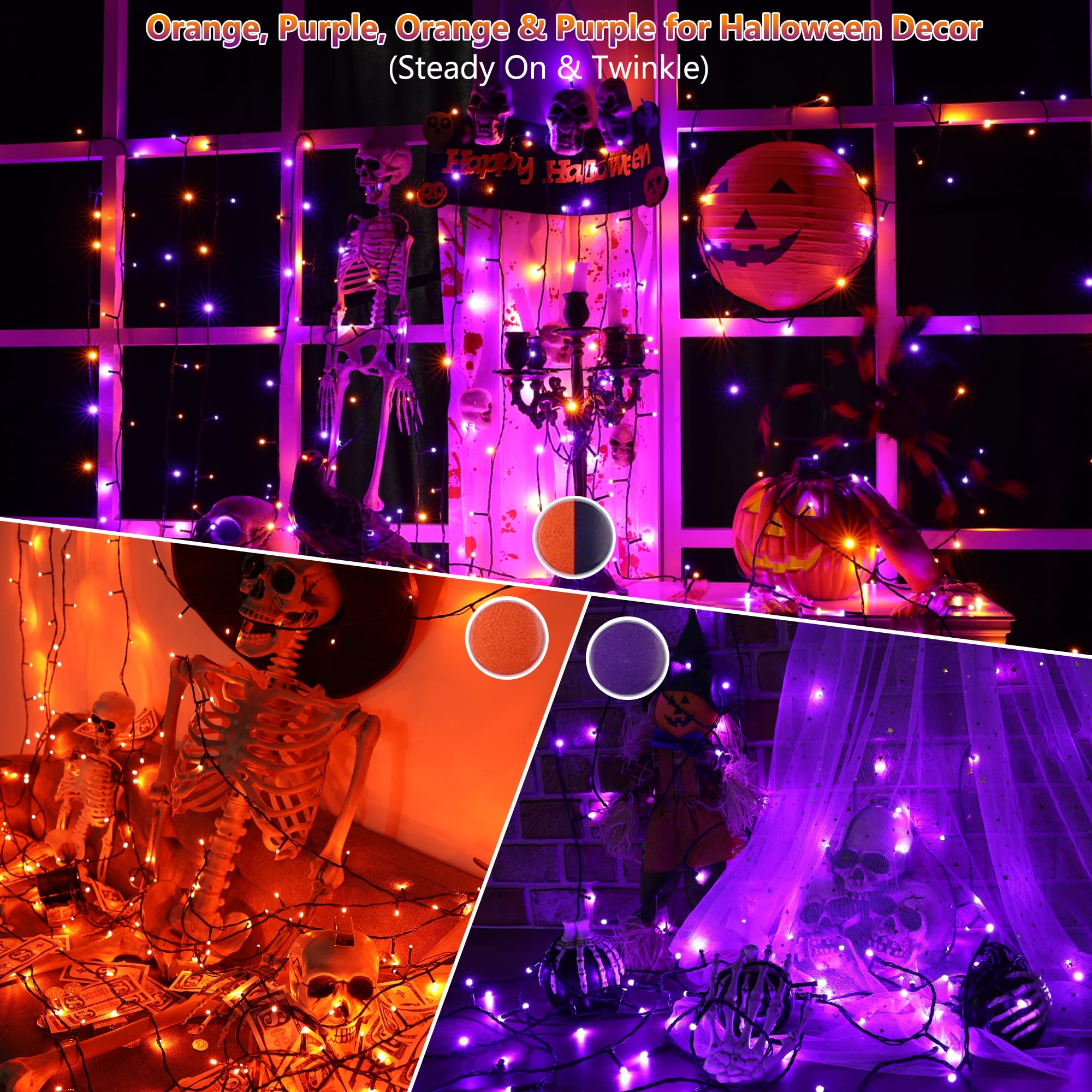 Toodour Halloween Lights RGB String Lights, 115ft 350 LED Orange Purple Halloween Light String with Remote & Timer, Color Changing Twinkle Tree Light for Home Party Holiday Indoor Outdoor Decorations - Halloween Happy