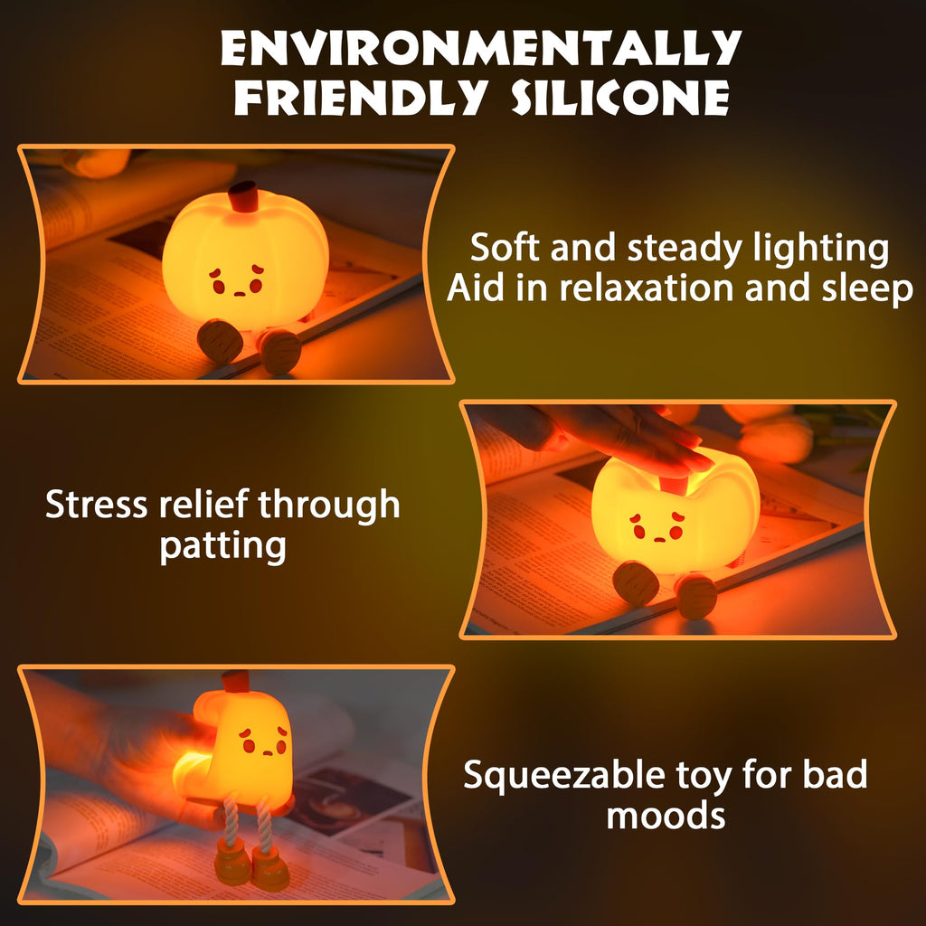 Pumpkin Night Light, Cute LED Lamp, Silicone Dimmable Nursery Nightlight for Kids, Silicone Rechargeable Bedside Touch Lamp, Funny Office Desk and Halloween Decor for Woman and Kids - Halloween Happy