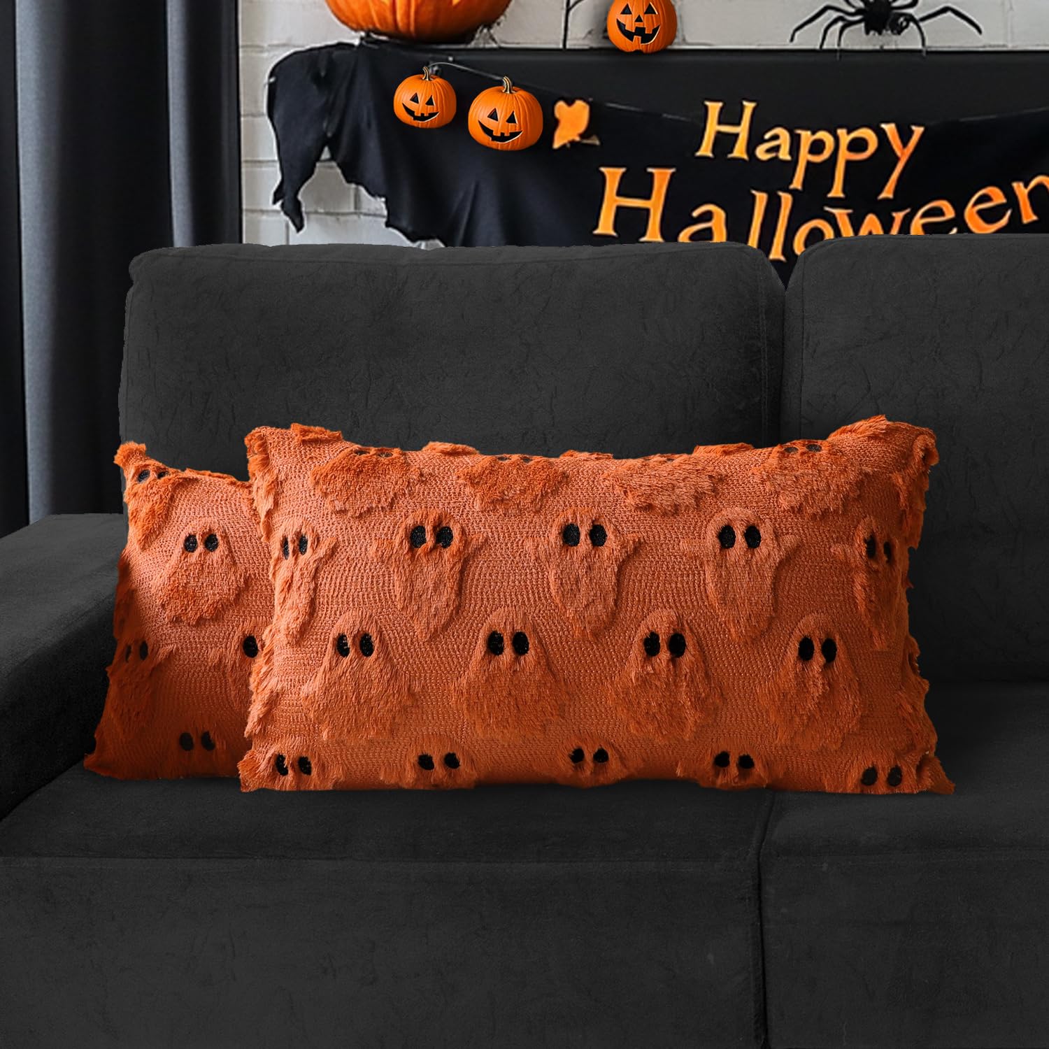 4TH Emotion Halloween Ghost Decorative Pillow Covers 18x18 Set of 2, White Soft Plush Faux Fur Farmhouse Throw Cushion Cases for Fall Autumn Holiday Home Decorations - Halloween Happy