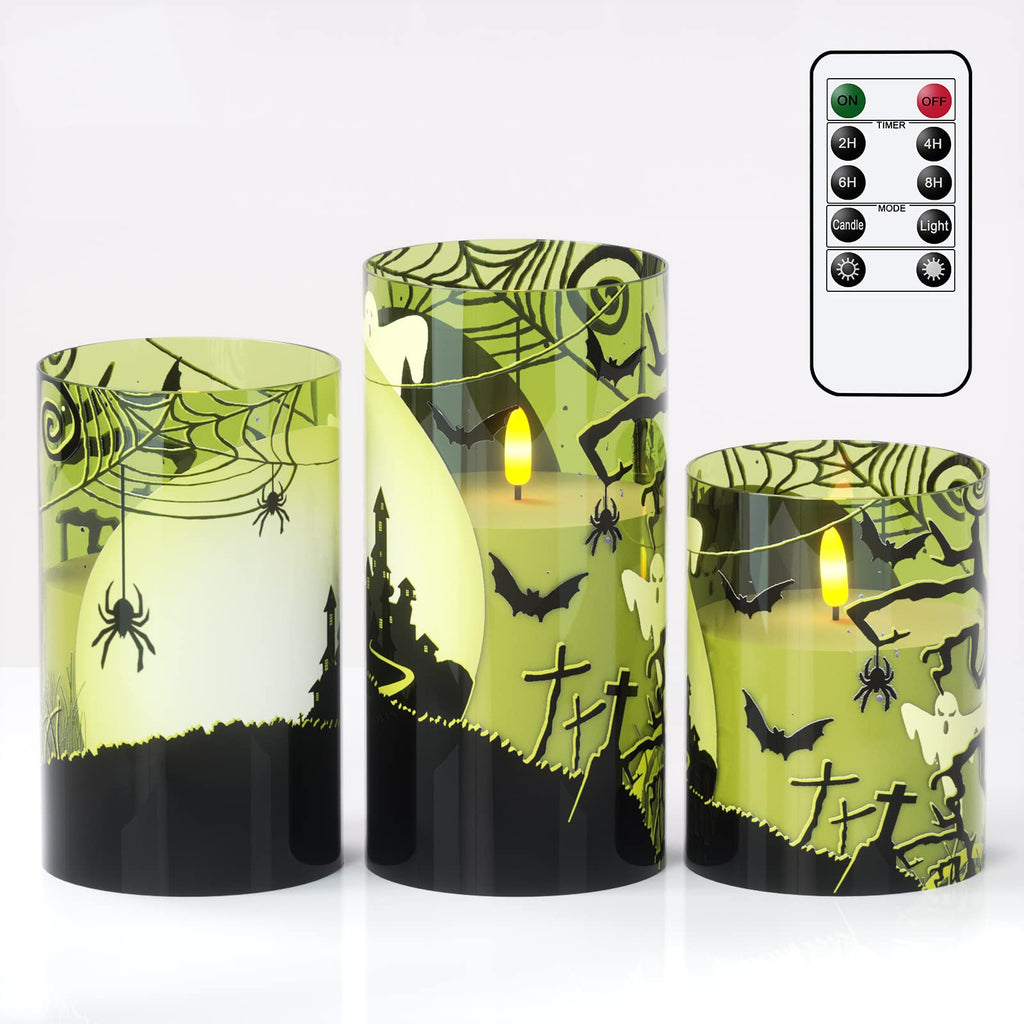 Eldnacele Halloween LED Flameless Flickering Candles Battery Operated with 6H Timer Skull Spider Web Crow Raven Spooky Decals Halloween Themed Indoor Decoration(3 Pack, D3 x H6) - Halloween Happy
