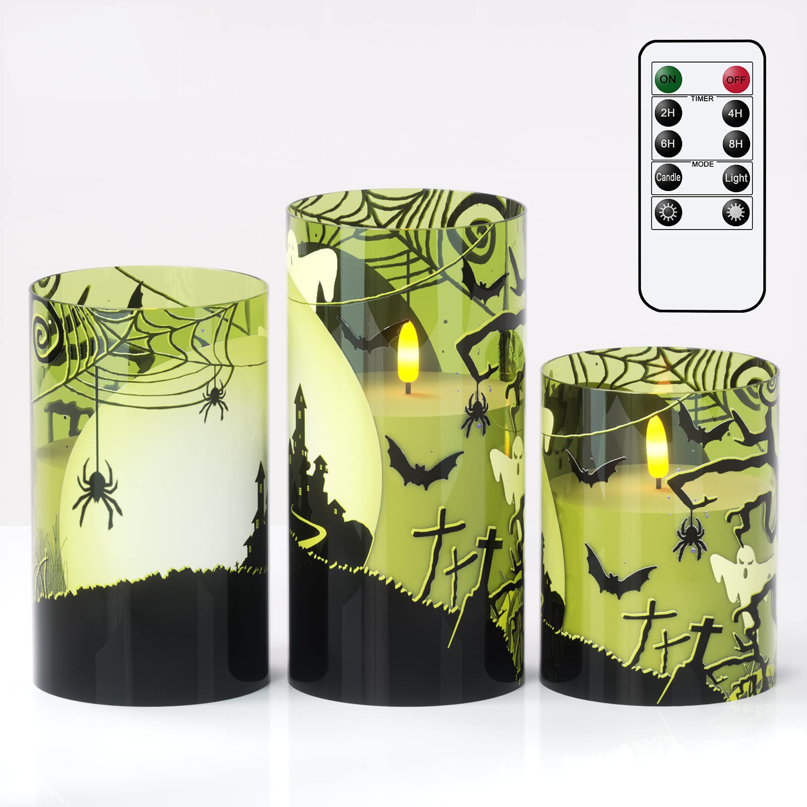 Eldnacele Halloween LED Flameless Flickering Candles Battery Operated with 6H Timer Skull Spider Web Crow Raven Spooky Decals Halloween Themed Indoor Decoration(3 Pack, D3 x H6) - Halloween Happy