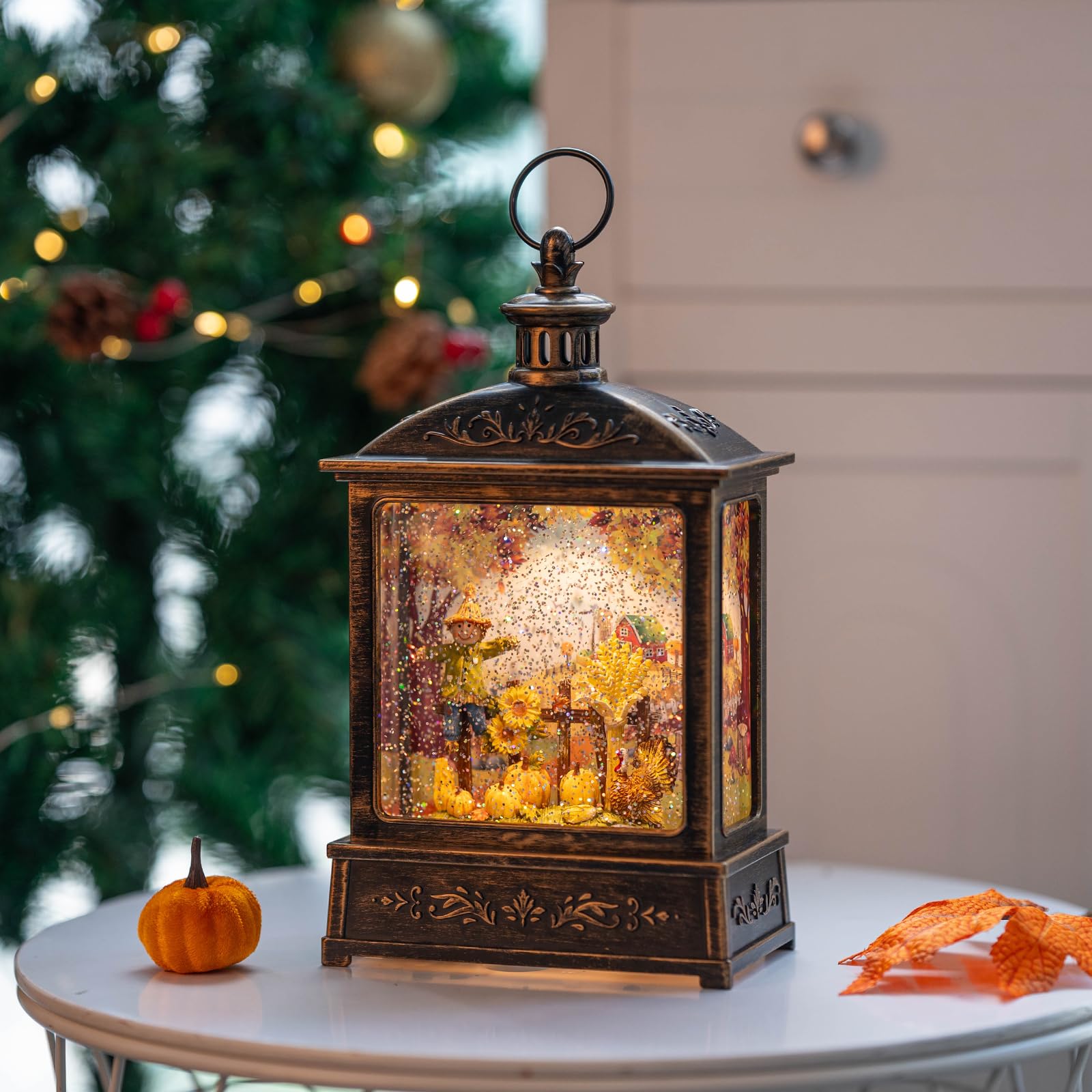 Halloween Snow Globe Lantern Water Glittering Spooky Witch' s Black Cat in Pumpkins with Music, USB Lined/Battery Operated Lighted Lantern for Halloween Festival Decoration Gifts - Halloween Happy