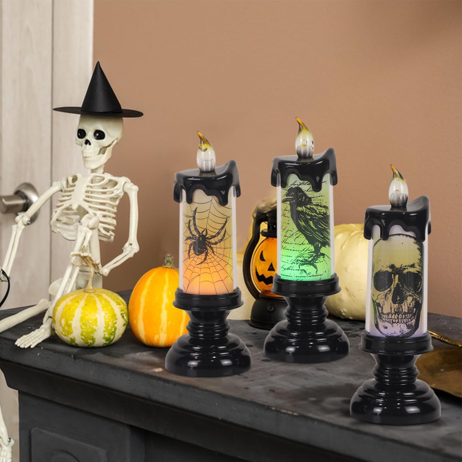 Eldnacele Halloween LED Flameless Flickering Candles Battery Operated with 6H Timer Skull Spider Web Crow Raven Spooky Decals Halloween Themed Indoor Decoration(3 Pack, D3 x H6) - Halloween Happy