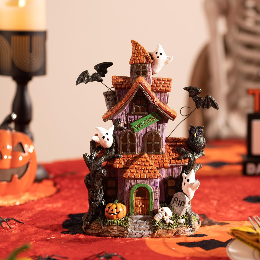 Valery Madelyn Halloween Decorations, Lighted Halloween Village Houses with LED Lights, Resin Spooky Town Happy Haunted House for Home and Party Table Desk Mantel, 9 Inch - Halloween Happy